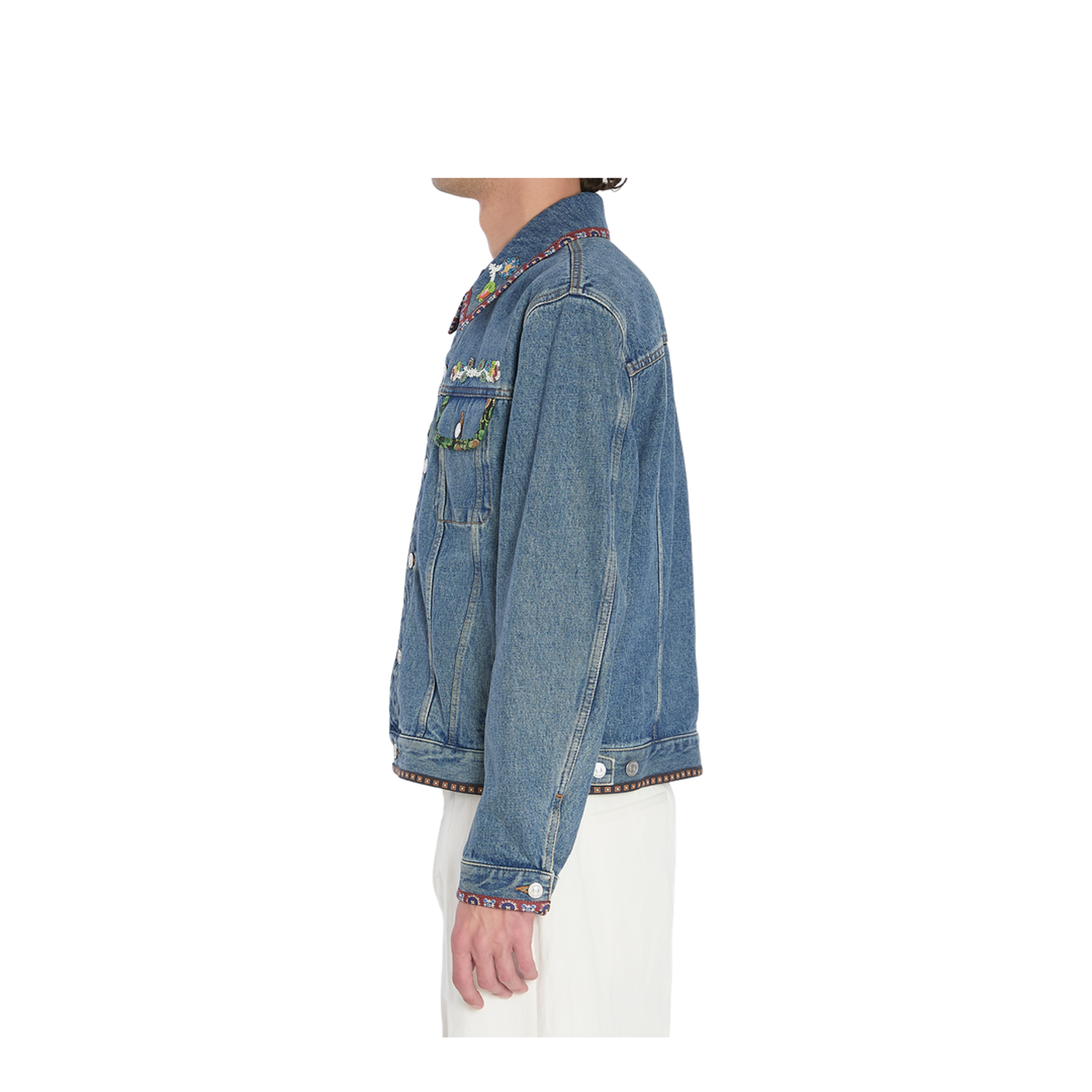 Denim Jacket With Beaded Embroidery And Printed Edges - Image 3