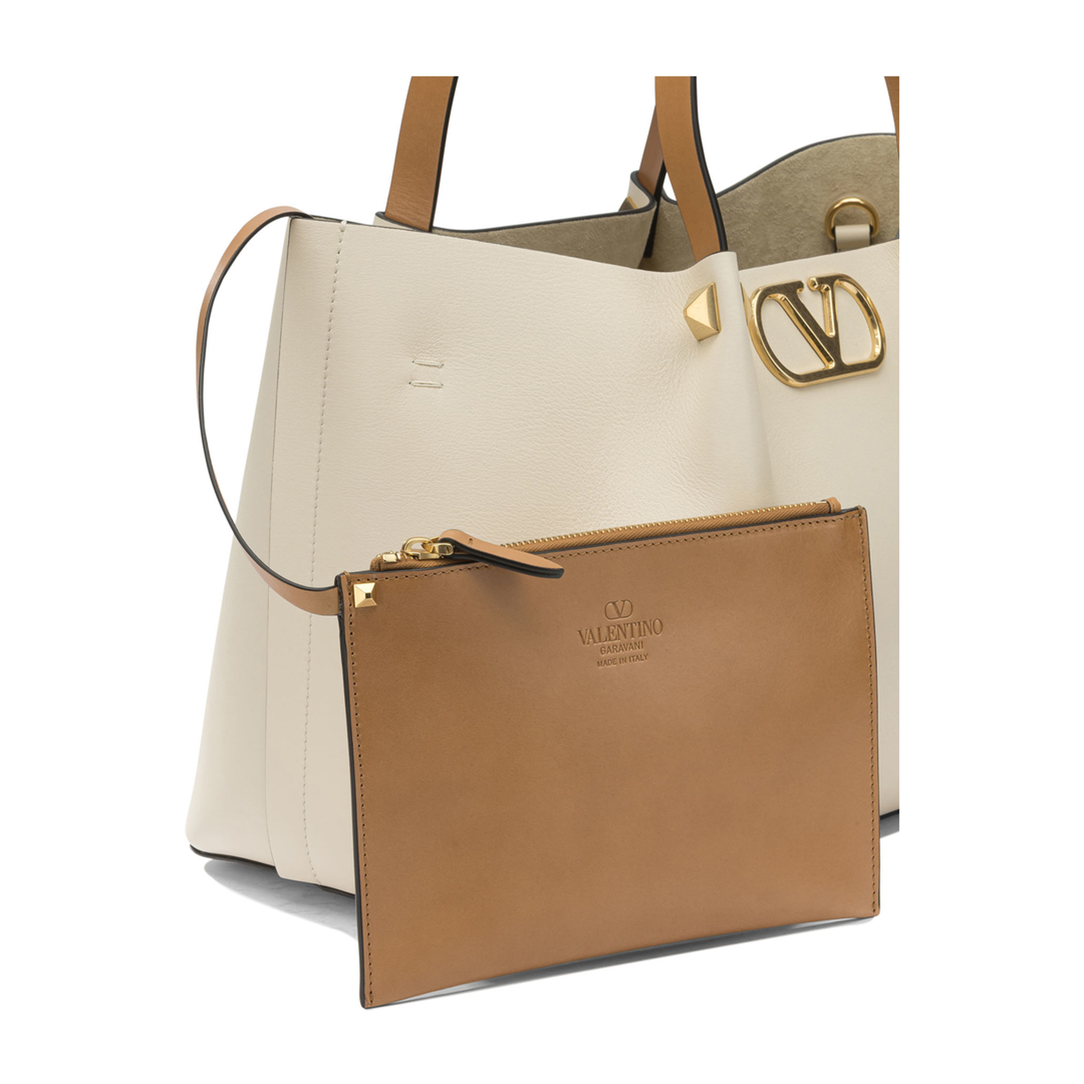 VLogo Medium Leather Handbags - Beige - Image 4