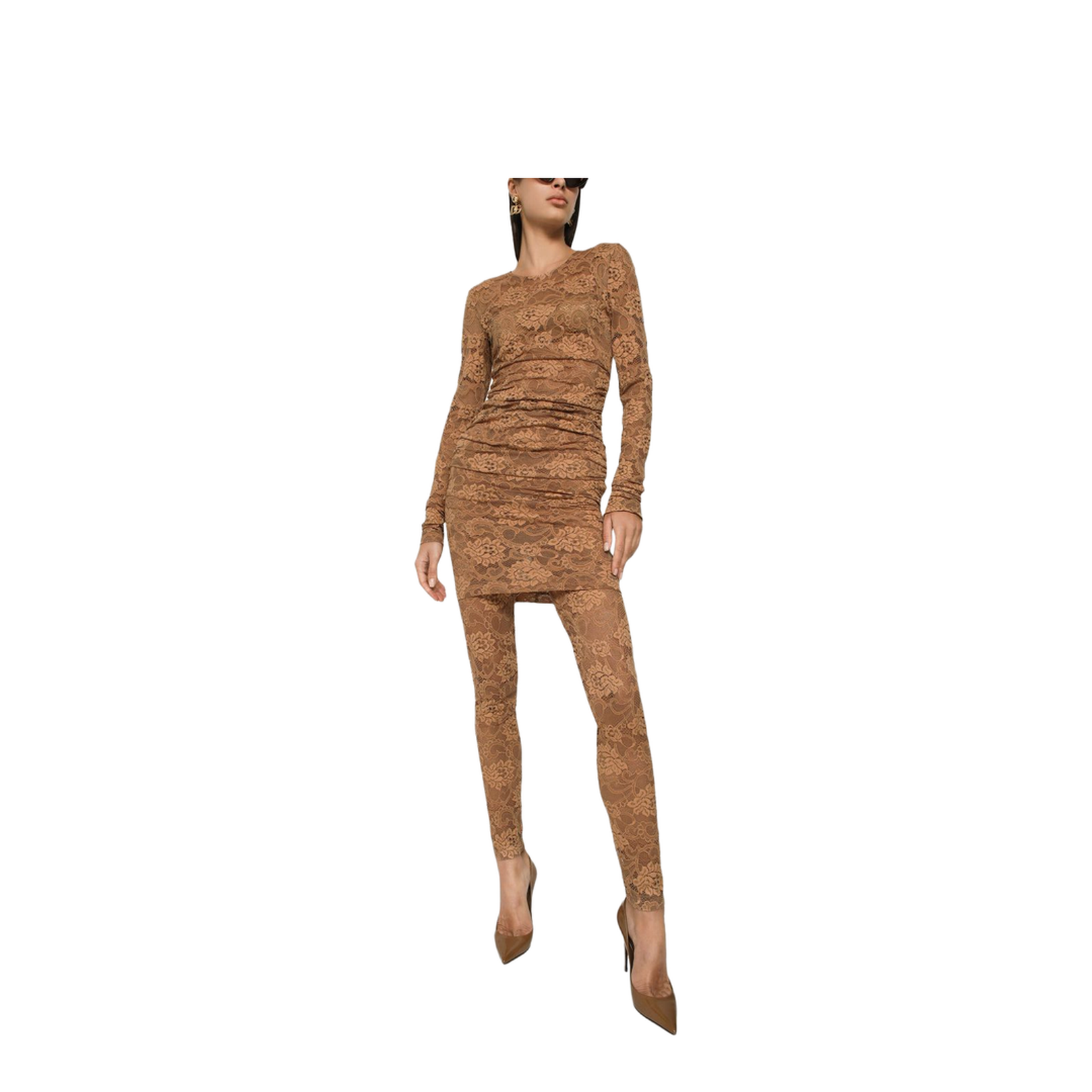 Short Floral Lace Dress in Beige - Image 2