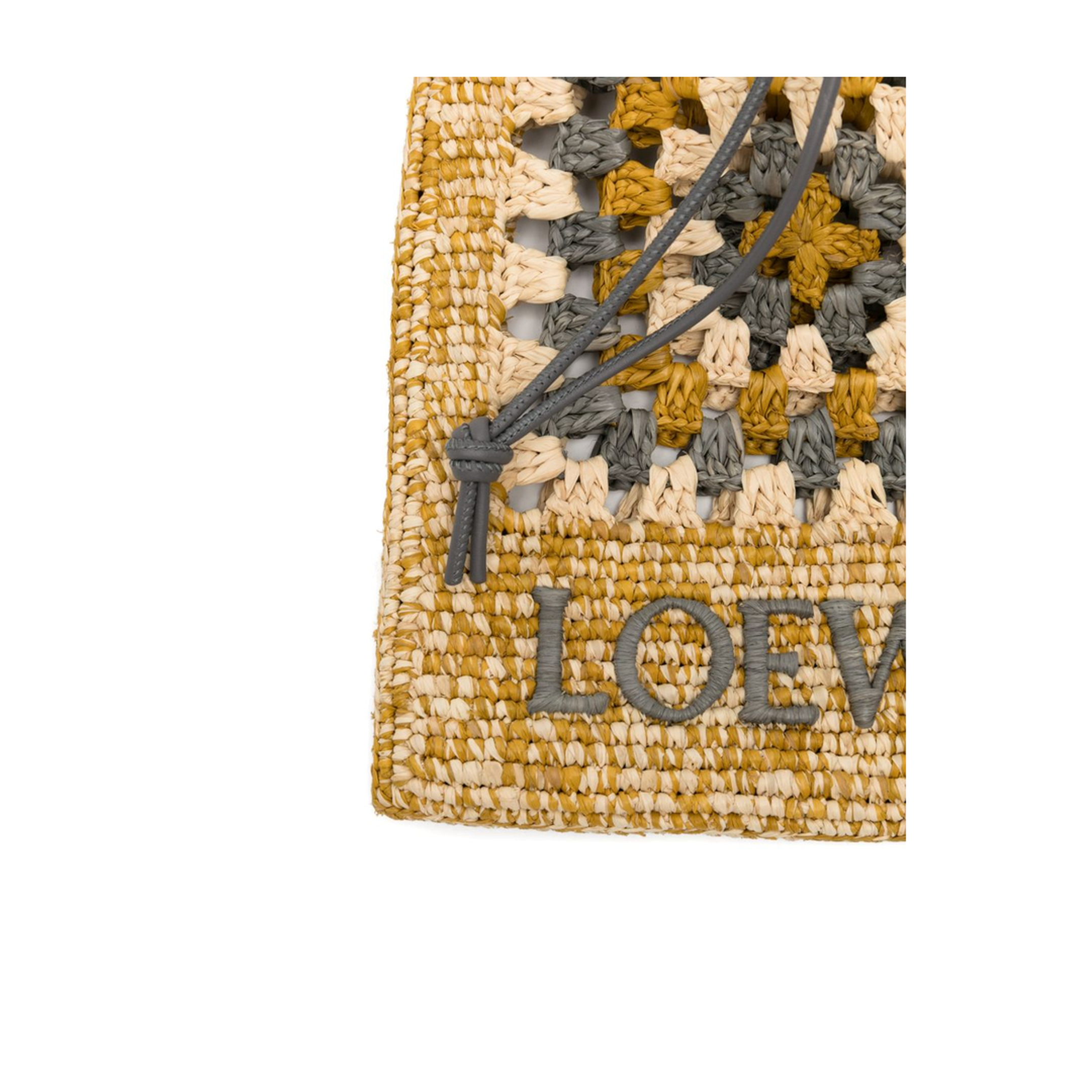 Drawstring Pocket Crochet Raffia and Calfskin Crossbody Bag - Yellow/Grey - Image 3