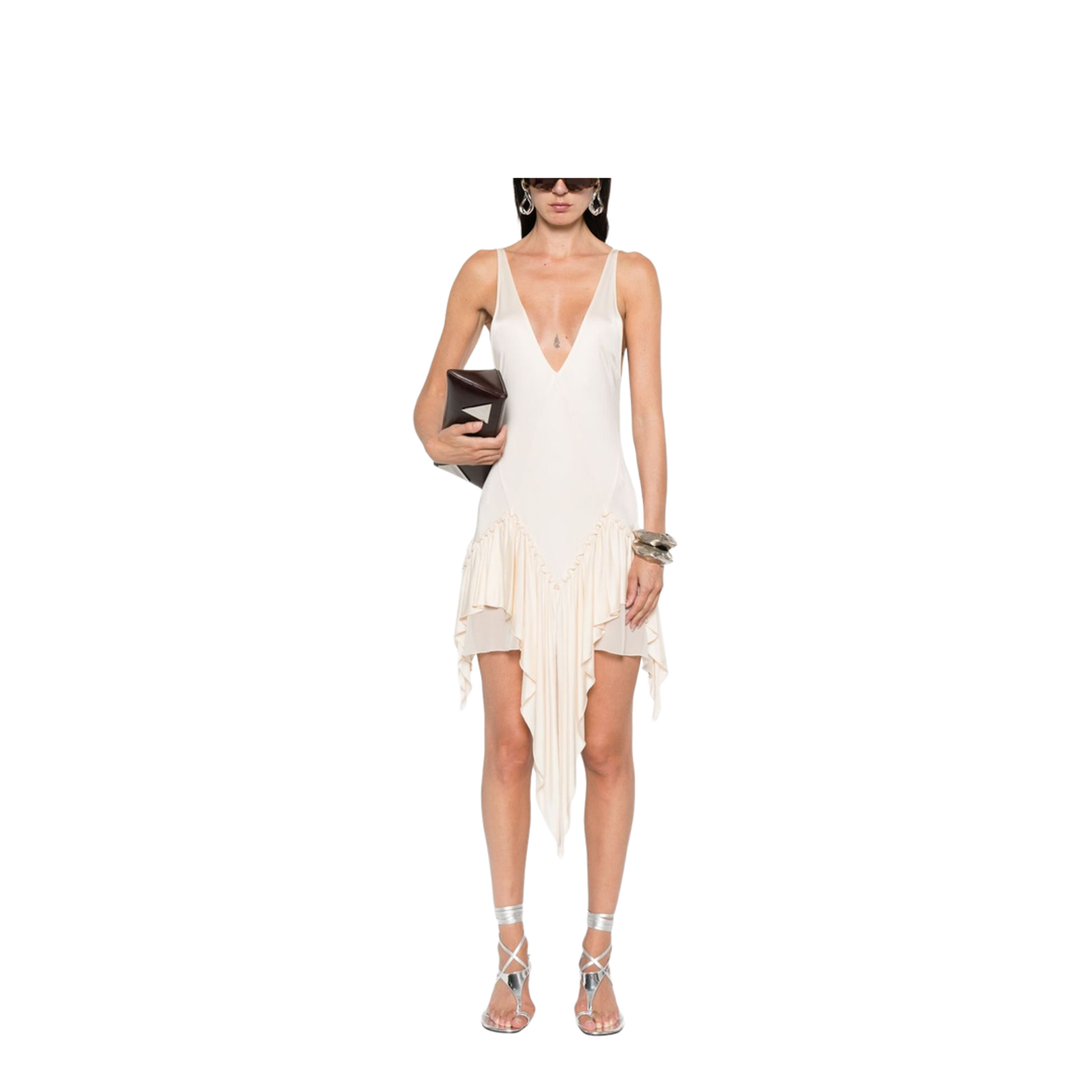 Ivory Ruffled Hem Asymmetric Cut Sleeveless V-Neck Top - Image 2