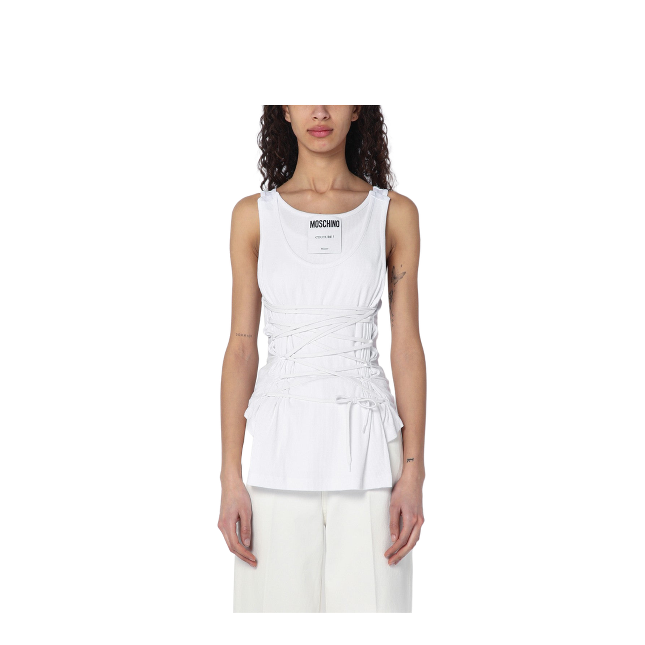 White Tank Top in Cotton with Laces - Image 1