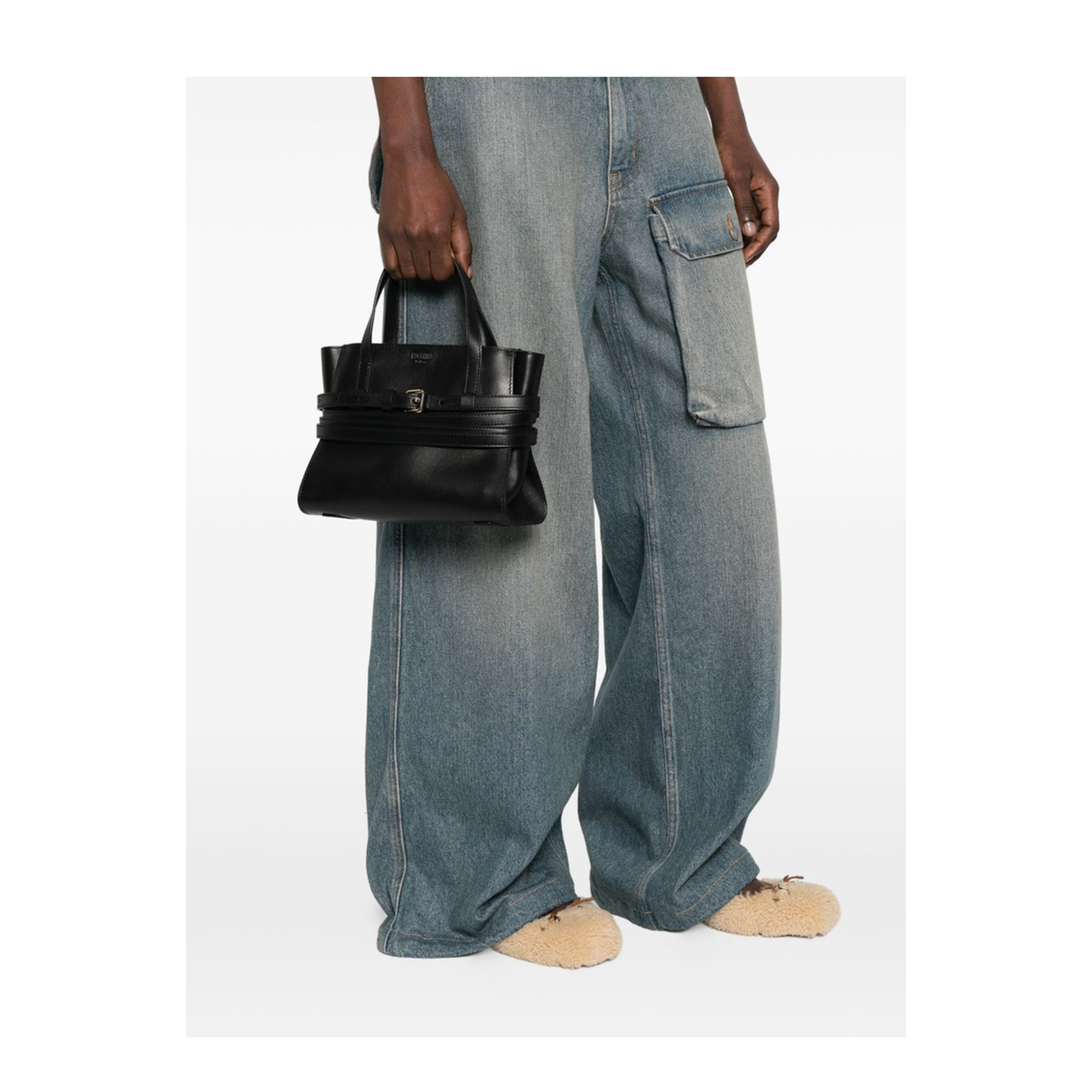 Tie Me Calf Leather Tote Bag - Black - Image 3