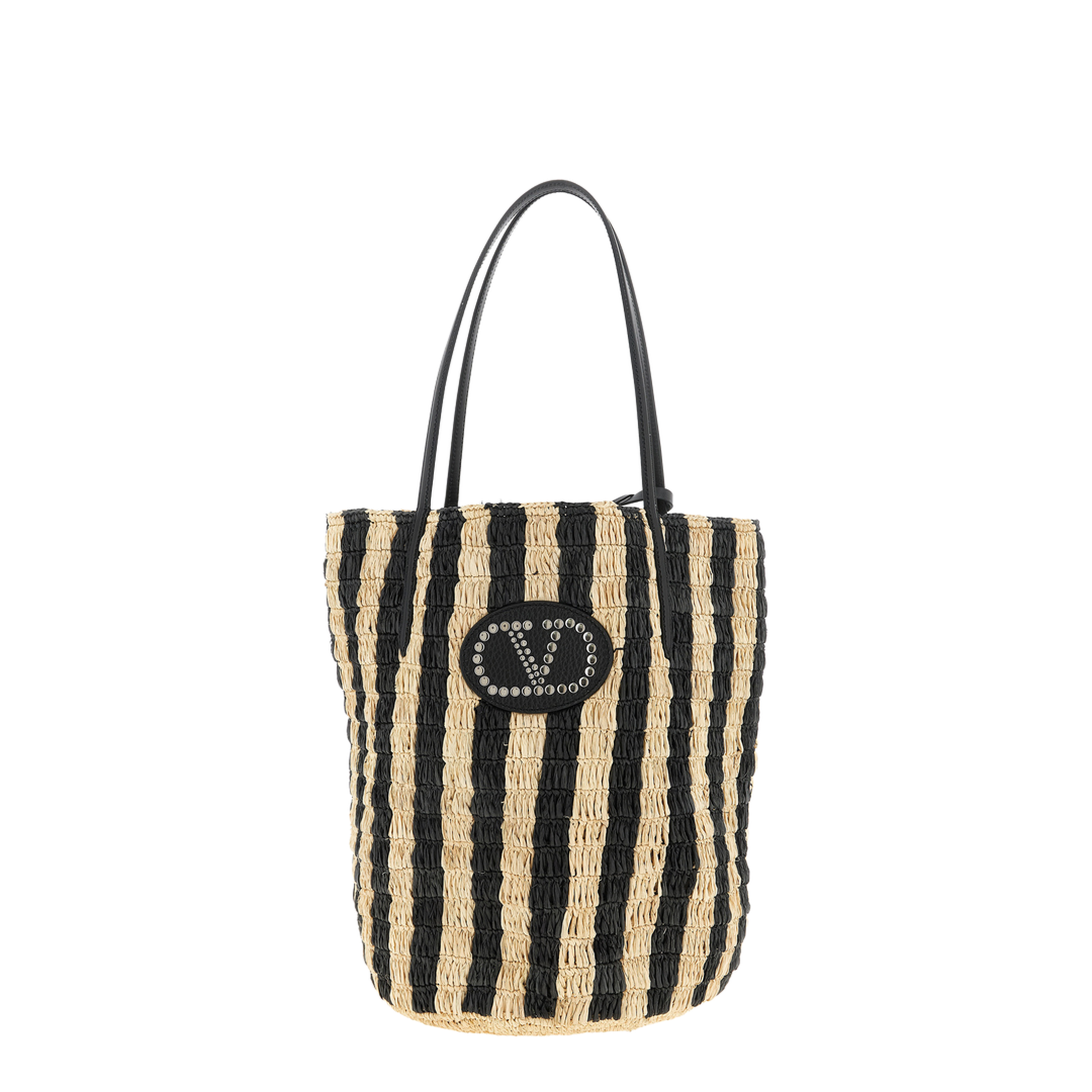 Striped Raffia Shopping Bag - Natural/Black - Image 1
