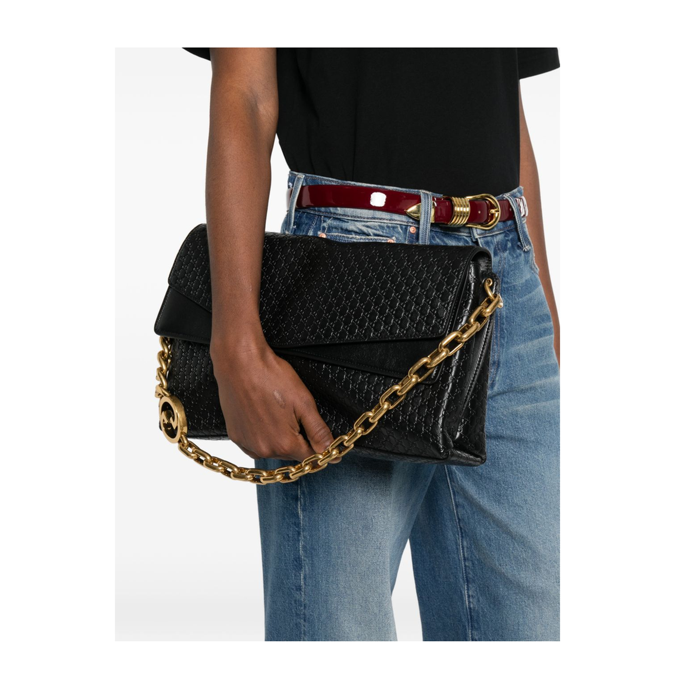 Large GG Leather Shoulder Bag - Black - Image 2