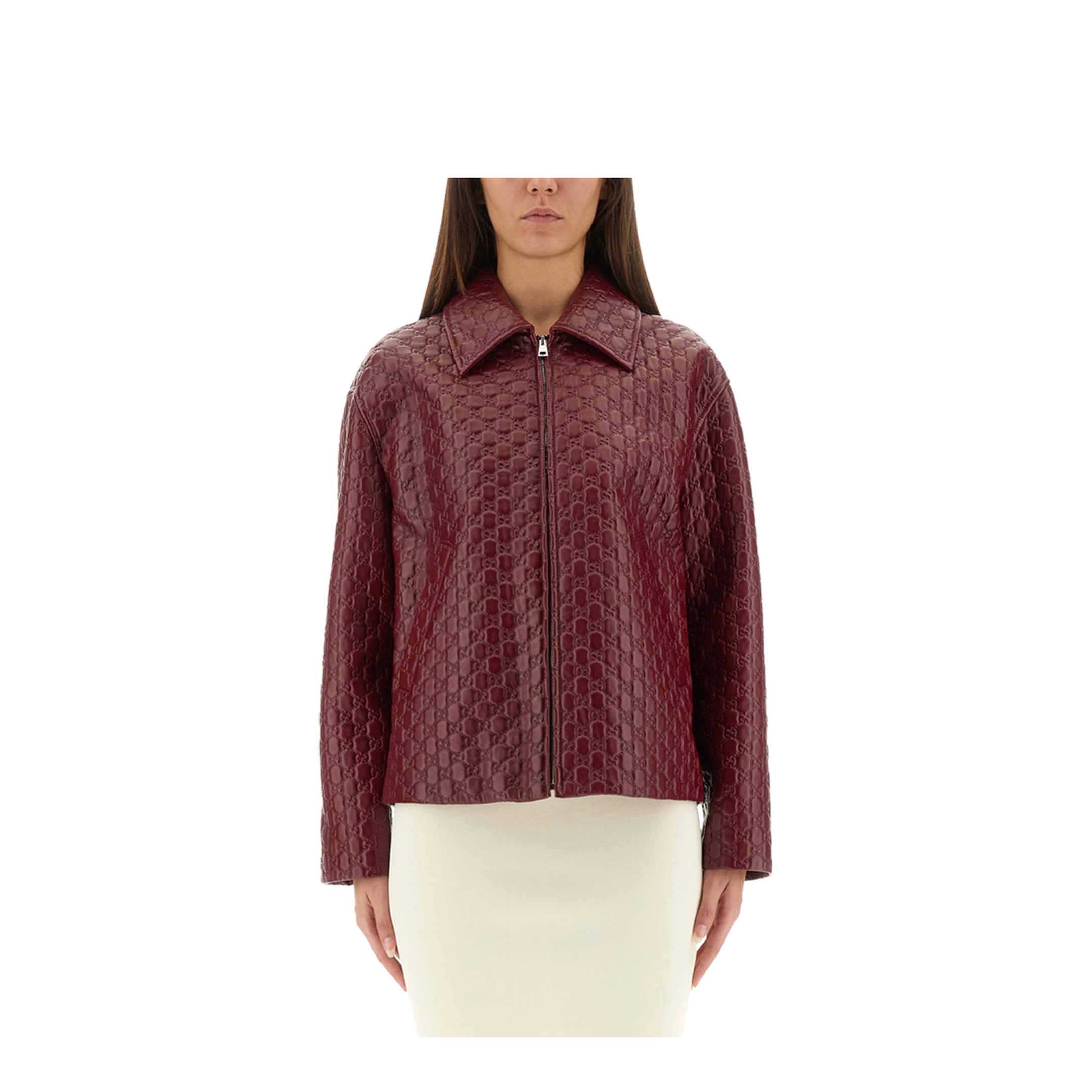 Oversized Leather Jacket with Embossed GG - Image 1