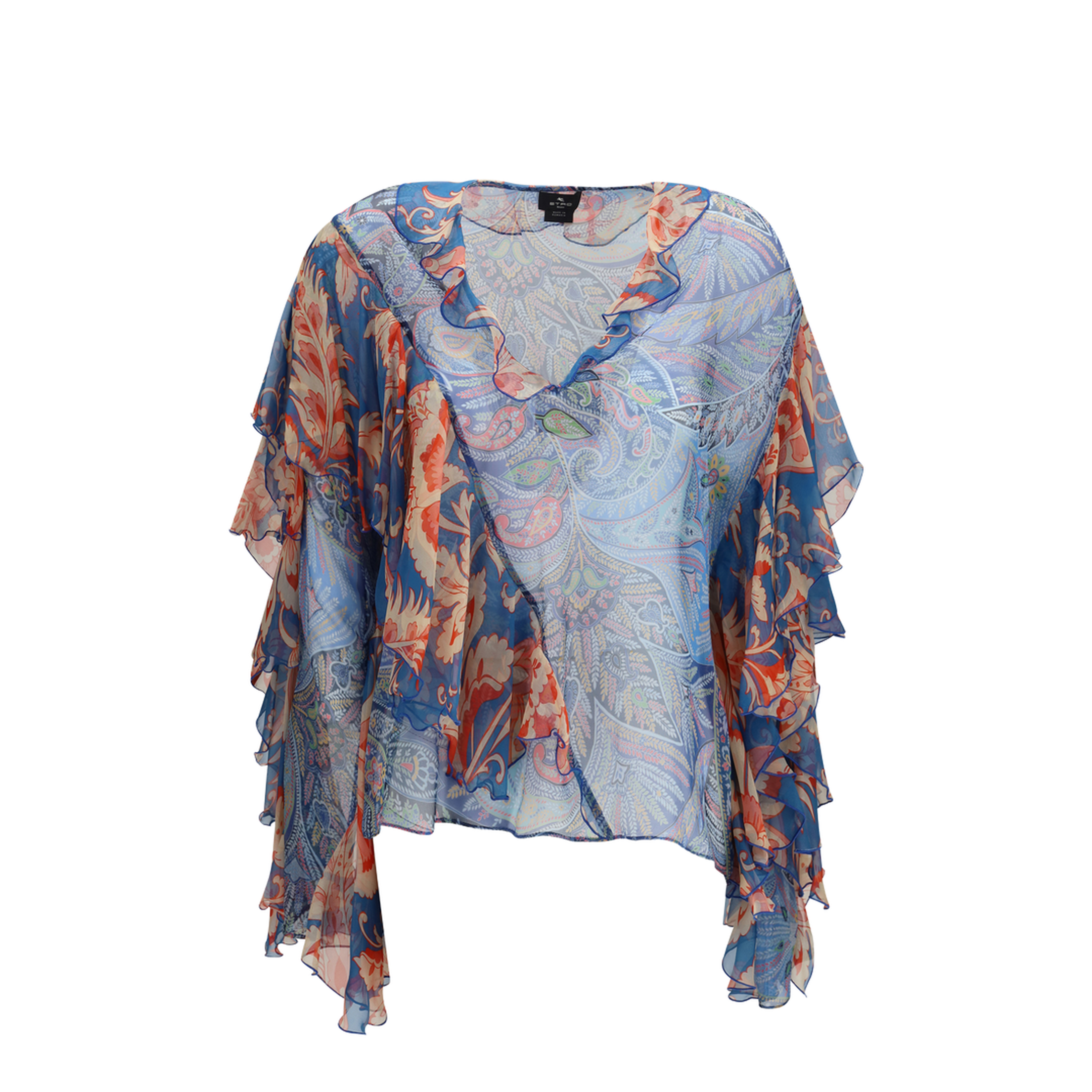 Long-sleeve Silk Shirt with Ruffles and Floral Motif - Image 1