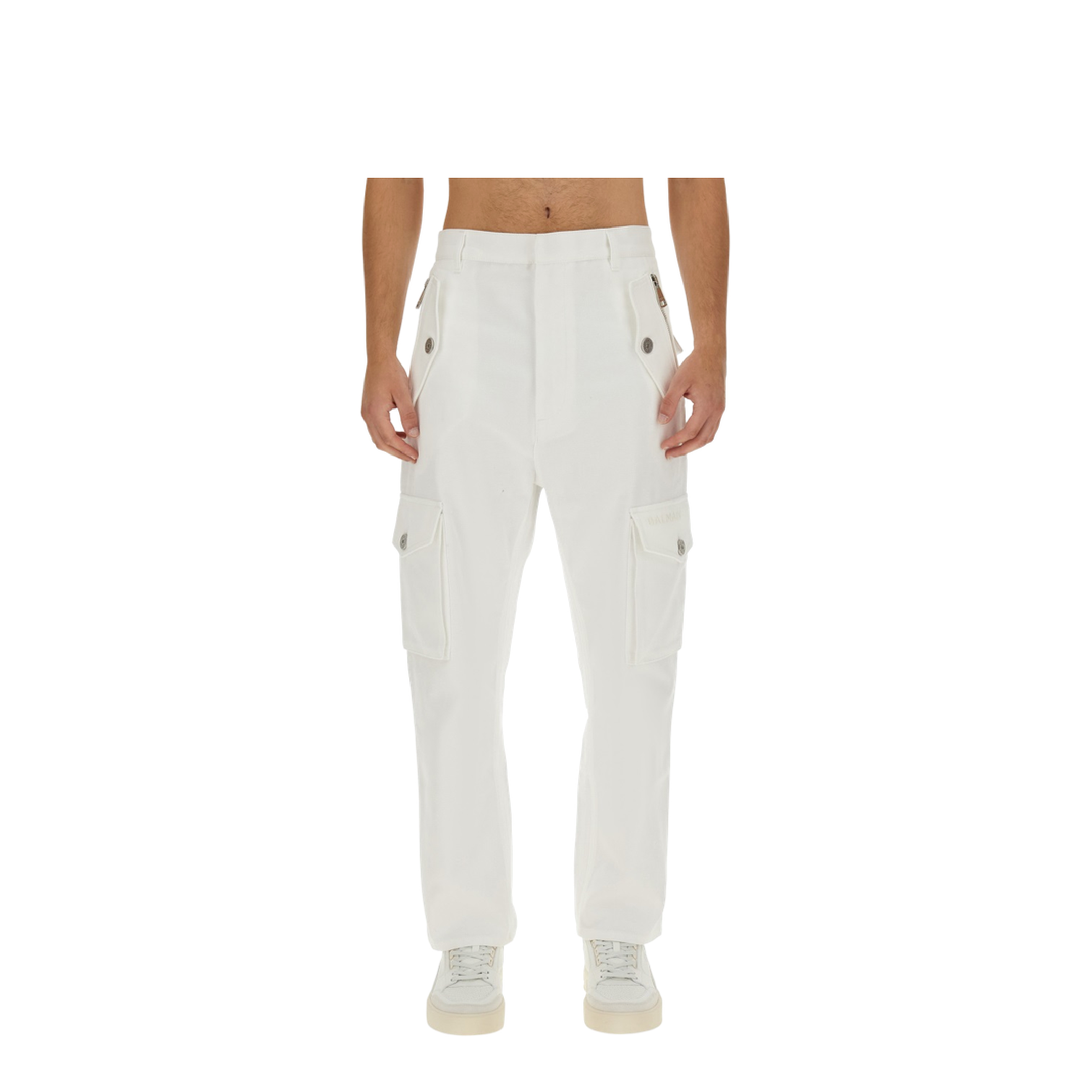 White Cargo Pants Silver Logo Plate - Image 1