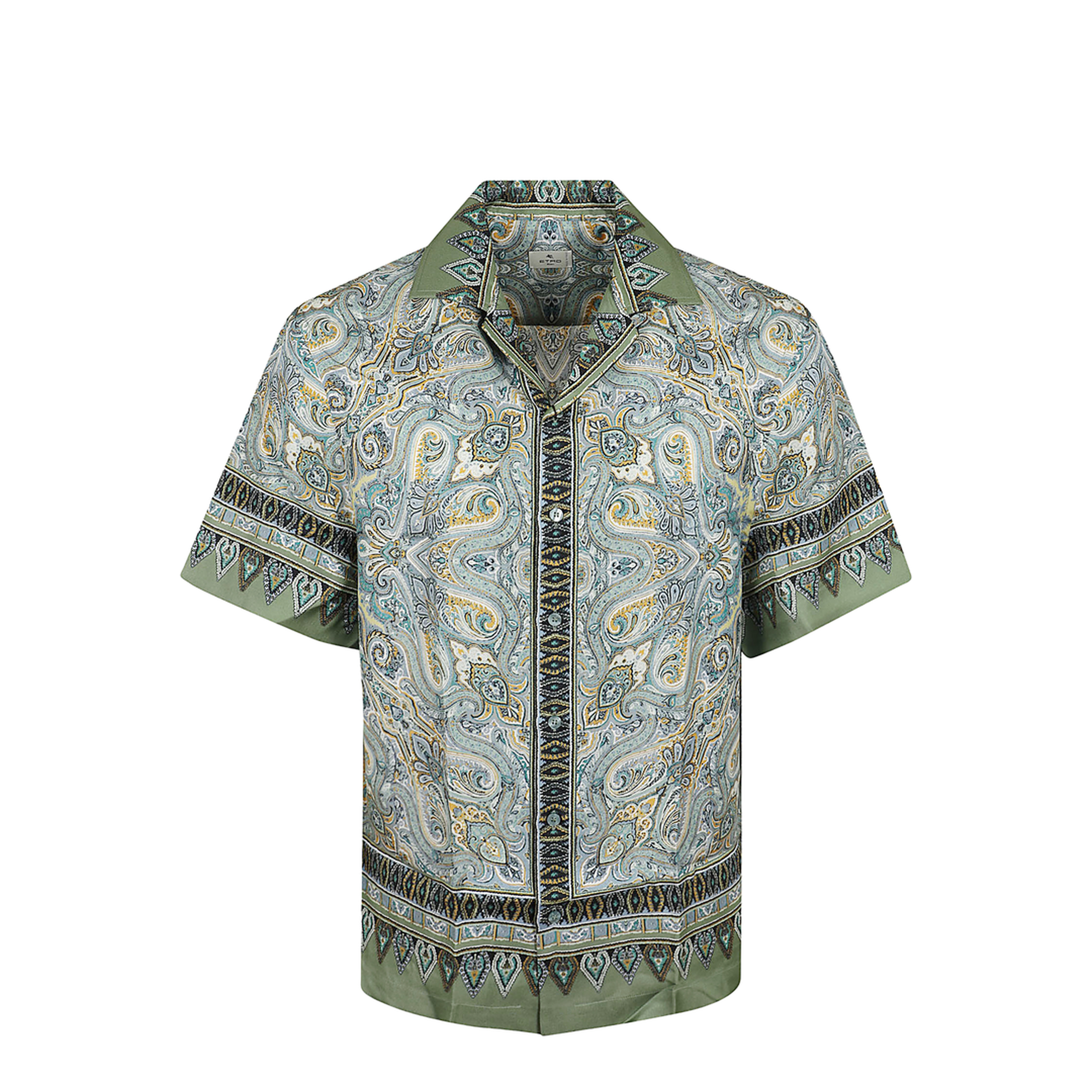 Placed Pocket-Square Silk Bowling Shirt Green - Image 5