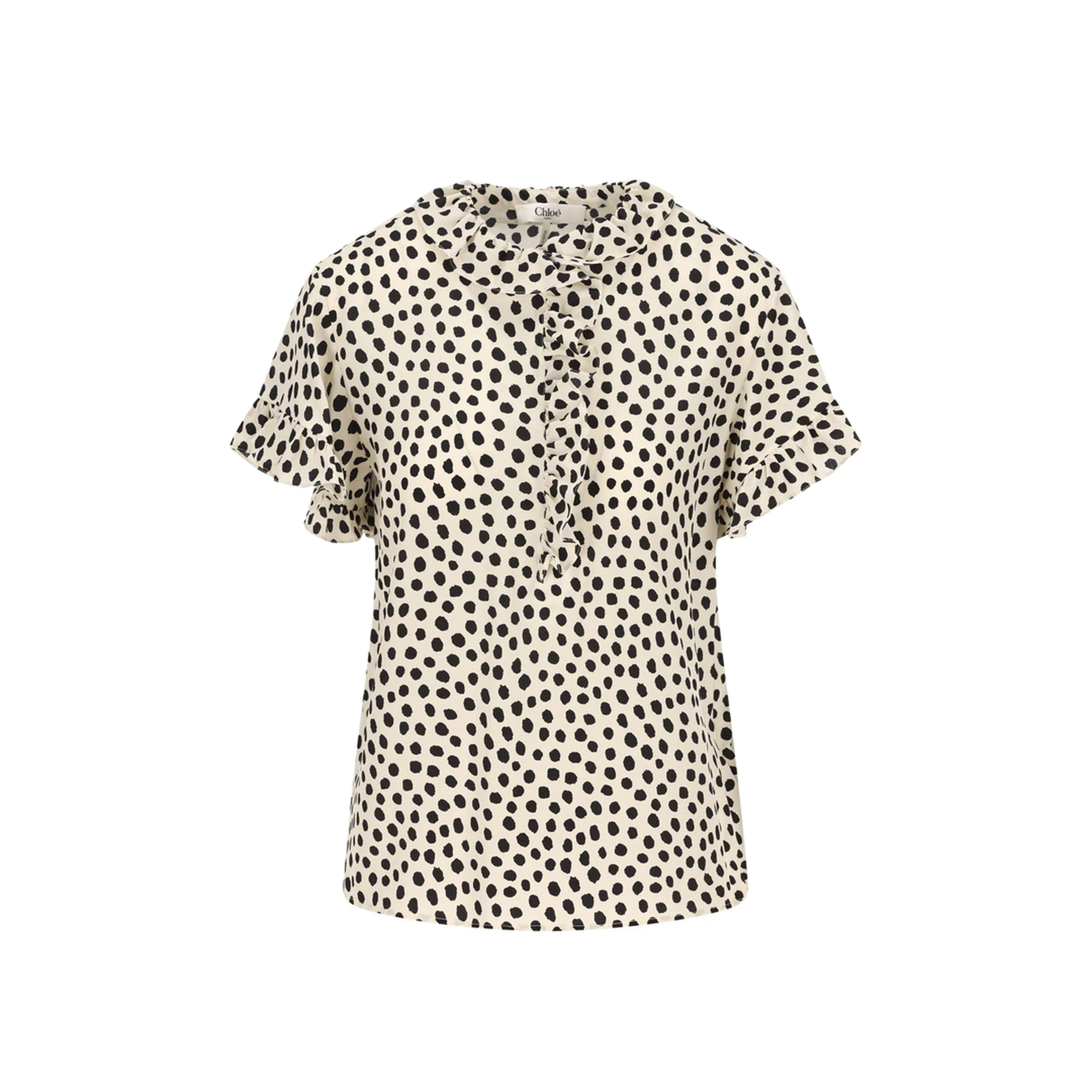 Short-Sleeve Ruffle Top in Crêpe de Chine Beige - Image 1