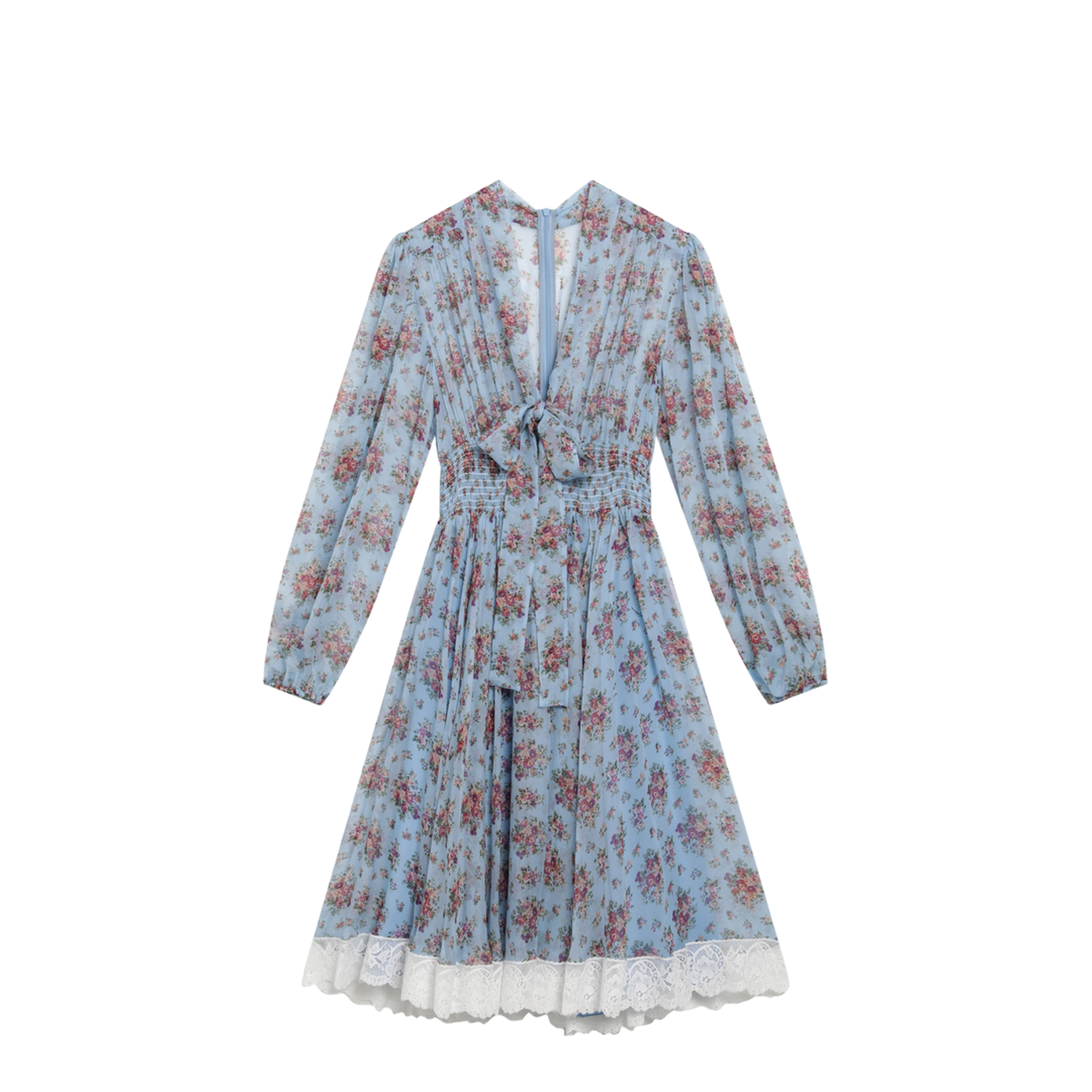 Floral Bouquet-Print Chiffon Dress in Light Blue - Image 1