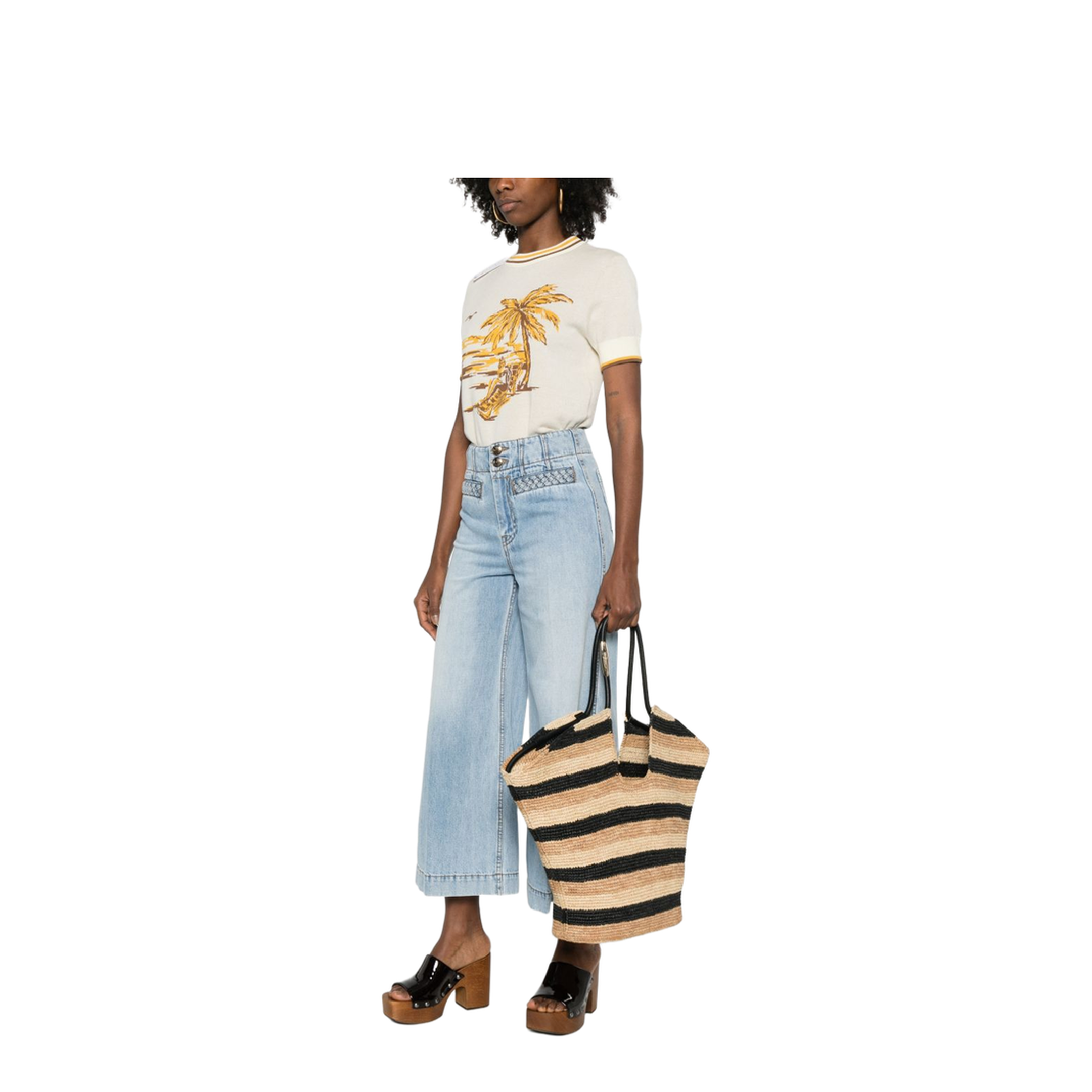 Goldentime Large Raffia Tote - Black Stripes - Image 2