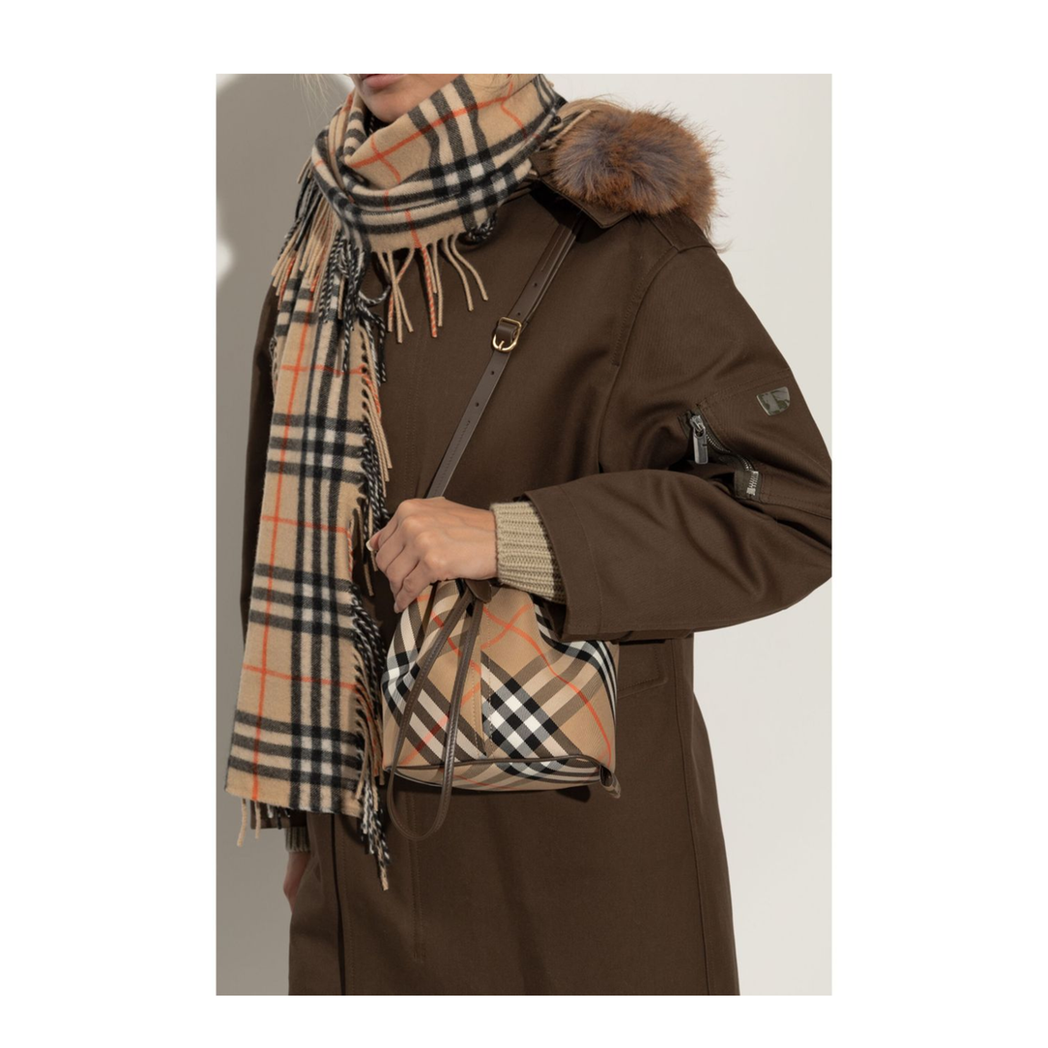 Check Mini Cotton Bucket Bag - Sand/Beige - Image 6