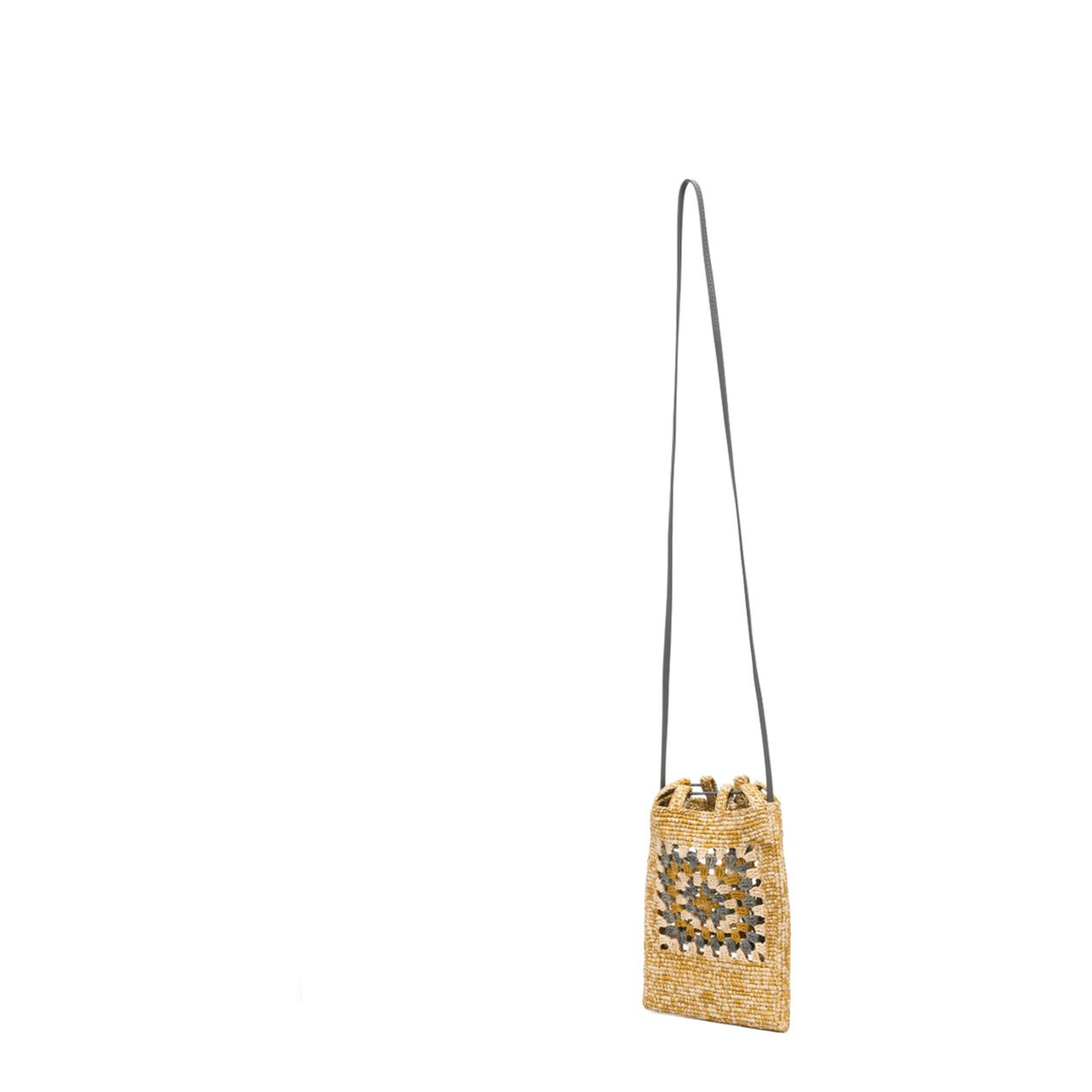 Drawstring Pocket Crochet Raffia and Calfskin Crossbody Bag - Yellow/Grey - Image 1