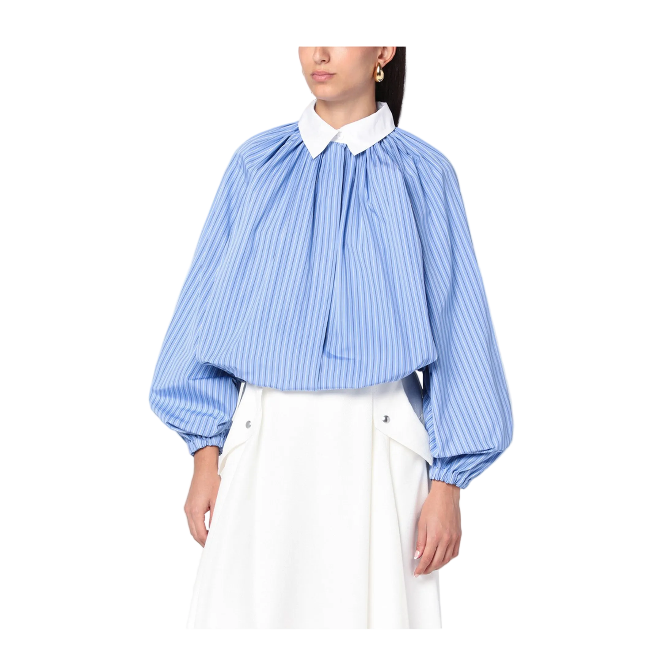 Striped Balloon-Sleeve Shirt in Light Blue - Image 1