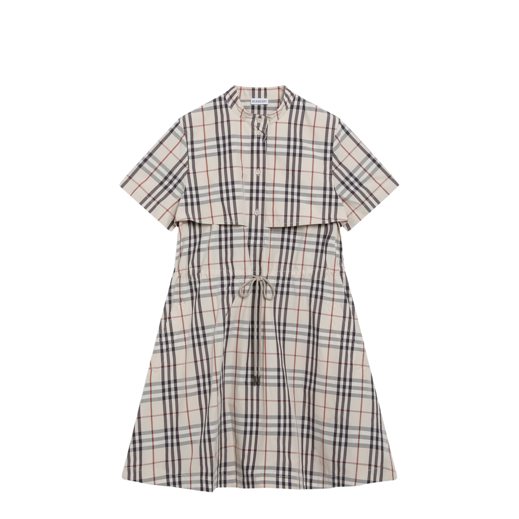 Beige Check Short-Sleeve Cotton Dress - Image 1