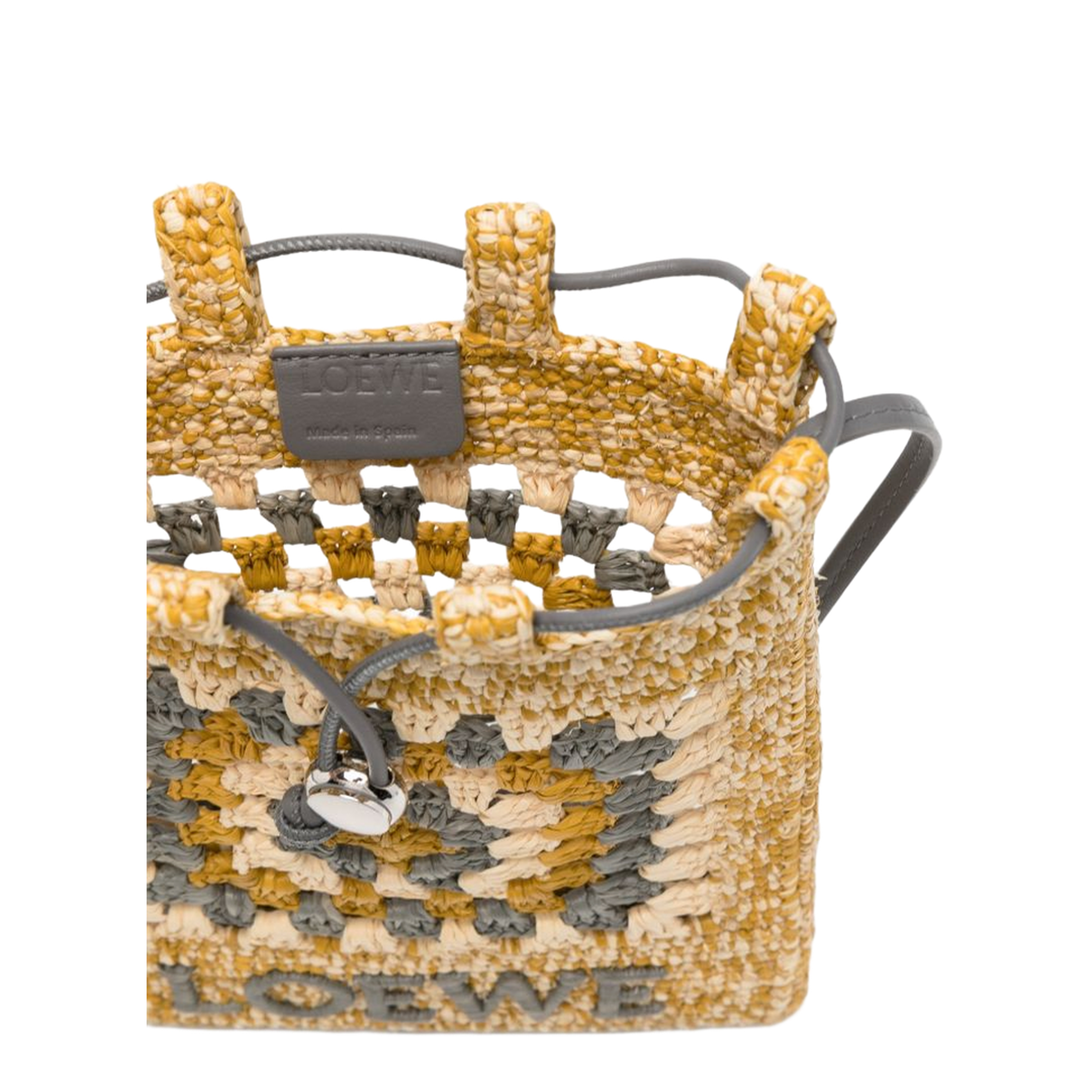 Drawstring Pocket Crochet Raffia and Calfskin Crossbody Bag - Yellow/Grey - Image 2