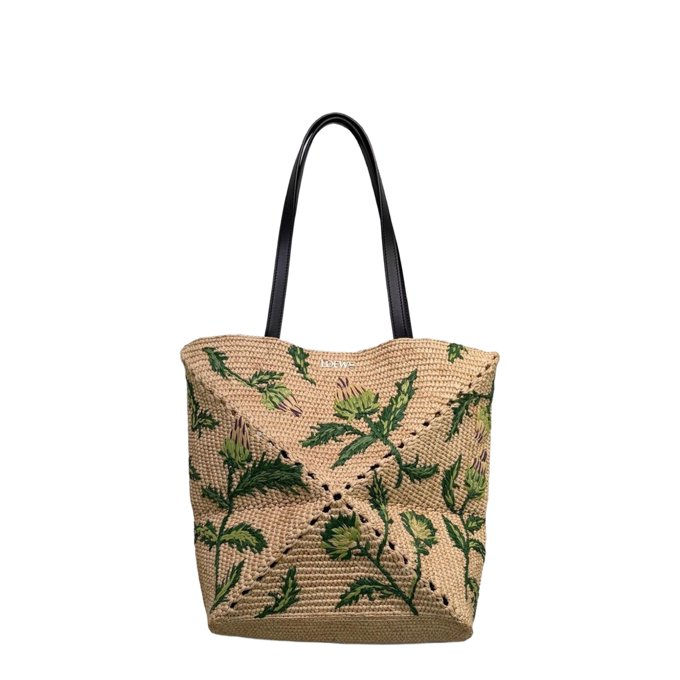 Puzzle Medium Raffia Tote - Natural/Green - Image 1