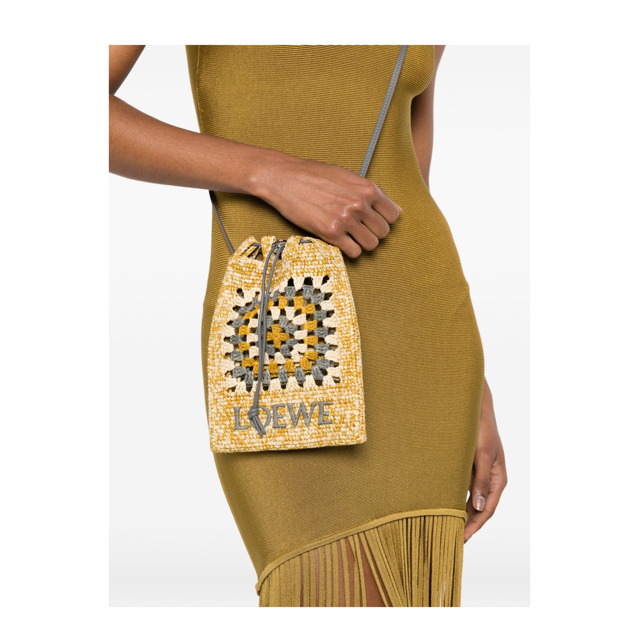 Drawstring Pocket Crochet Raffia and Calfskin Crossbody Bag - Yellow/Grey - Image 5