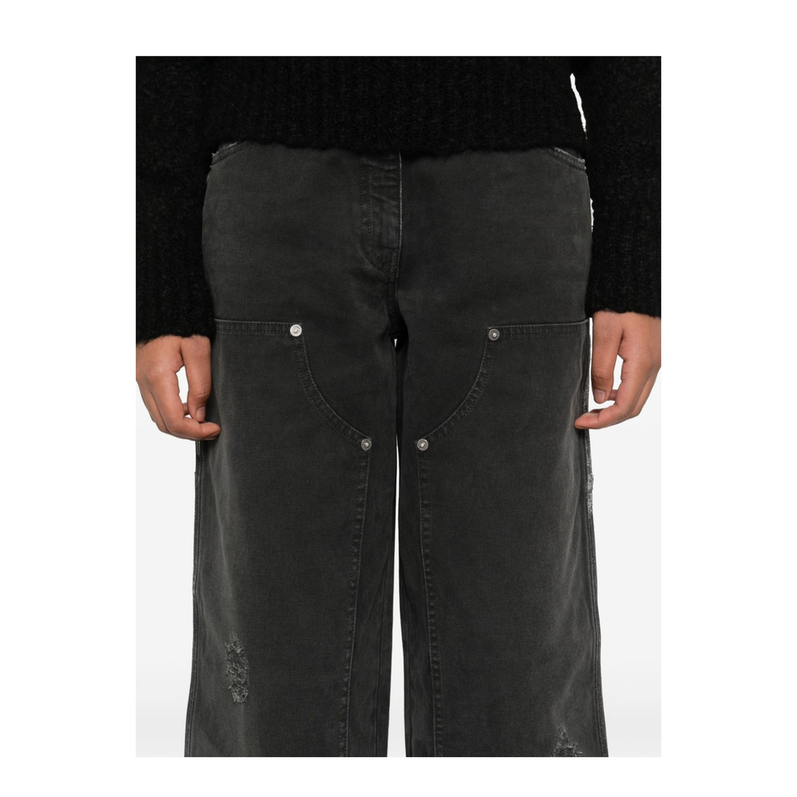 Distressed Black Cotton Jeans with Front Patches - Image 2