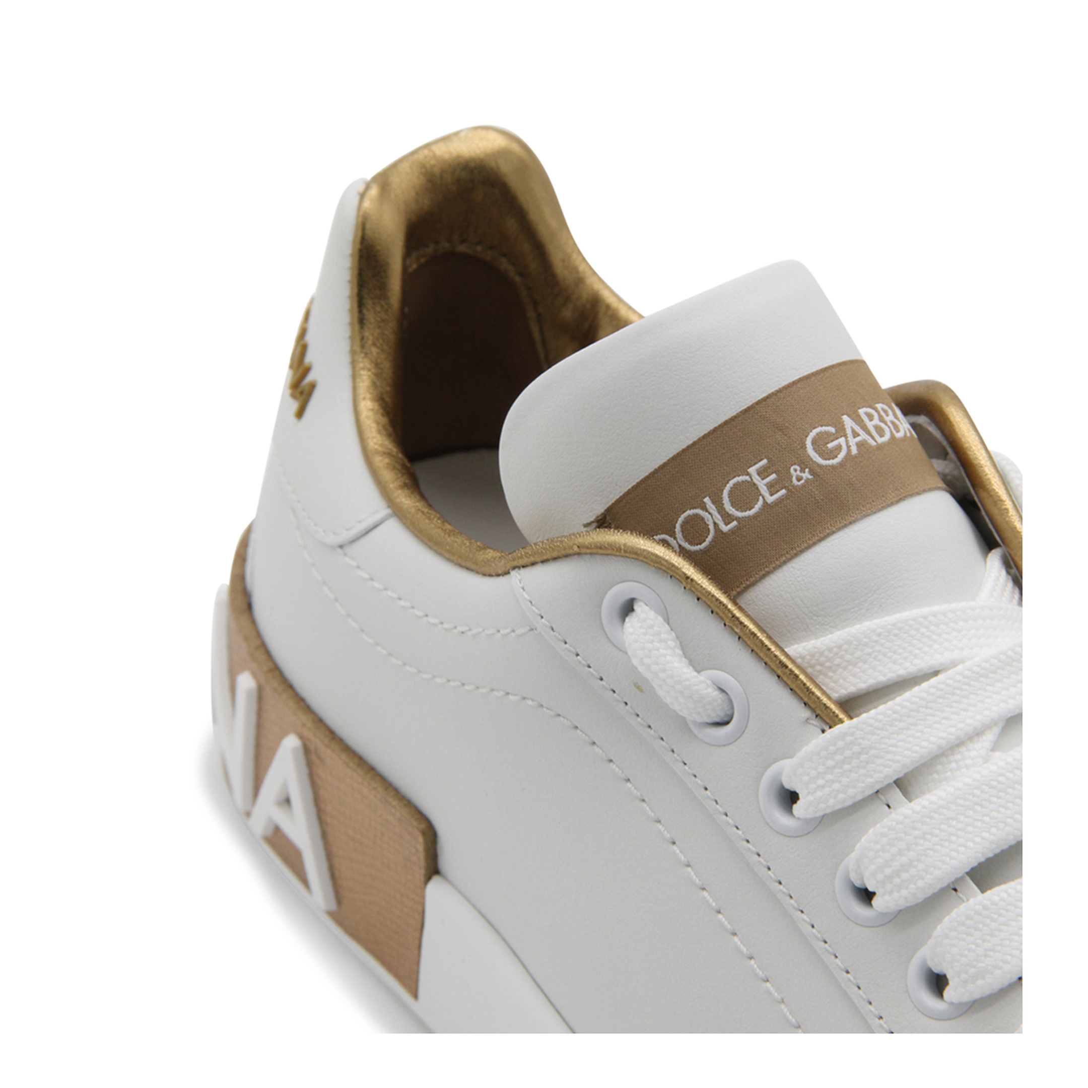 White Calfskin Low-Top Sneakers with Gold Details - Image 6