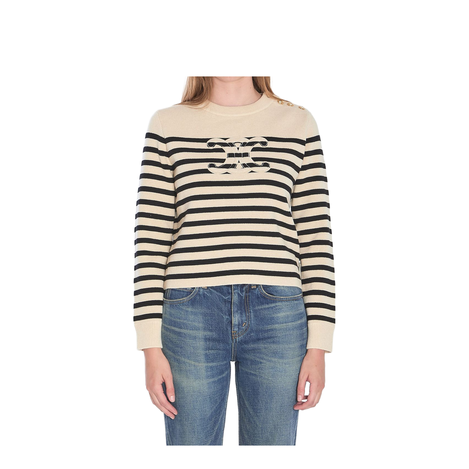 Crew Neck Sweater in Wool Cashmere - Ecru/Black - Image 1