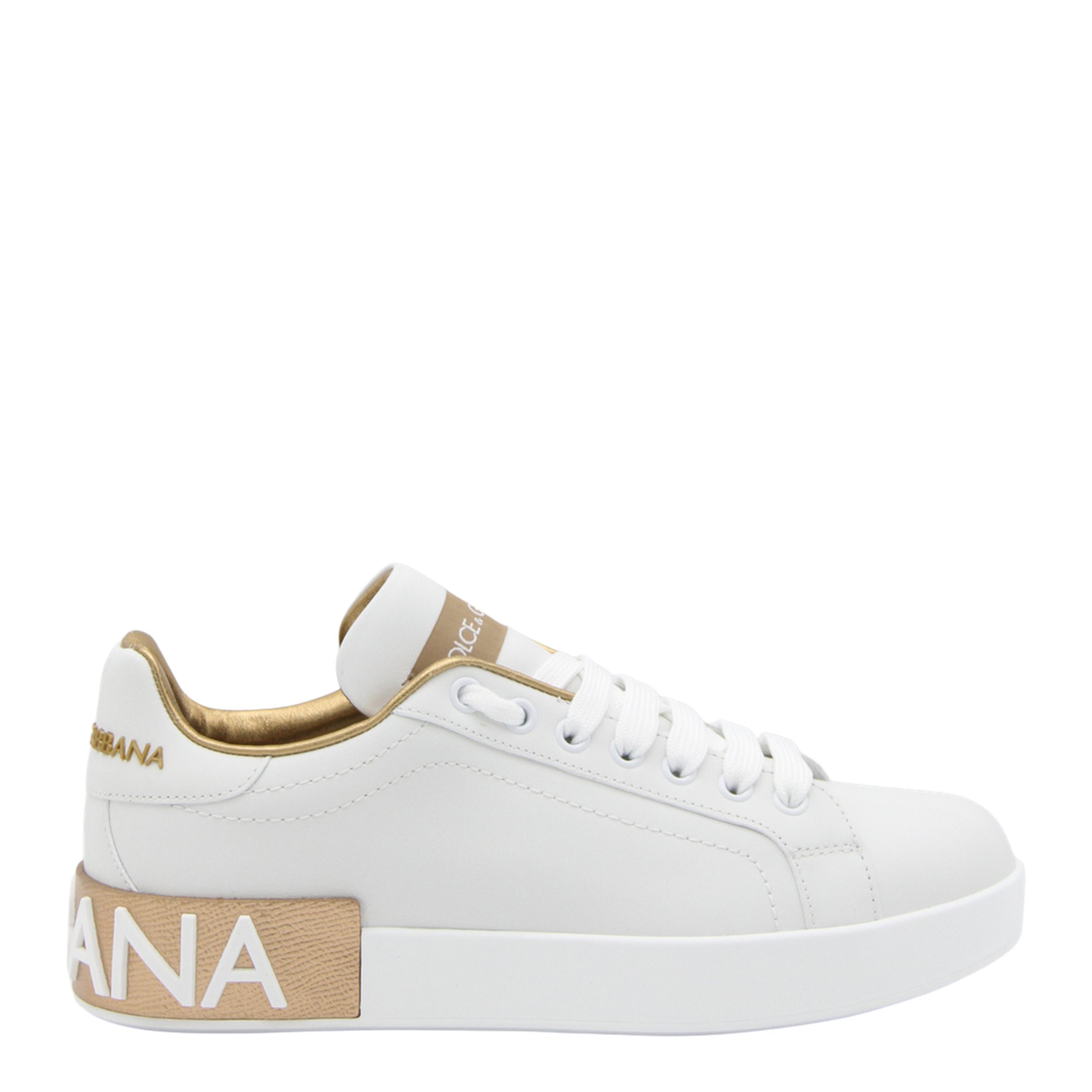 White Calfskin Low-Top Sneakers with Gold Details - Image 2
