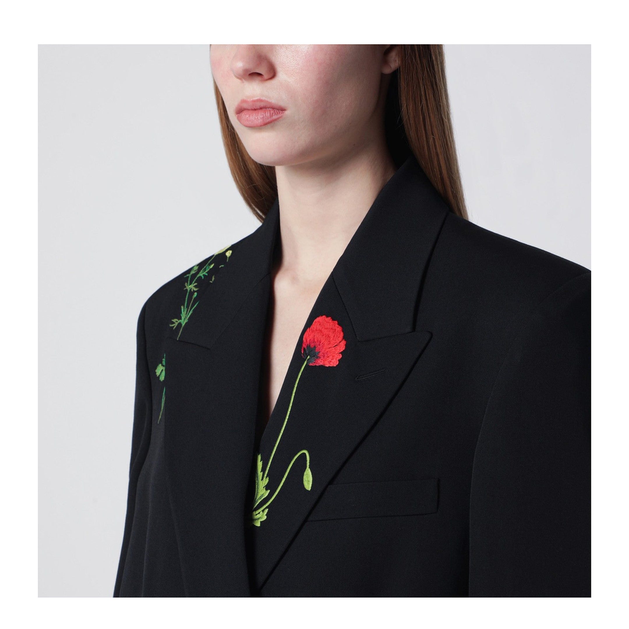 Black Double-Breasted Jacket with Floral Embroidery - Image 2