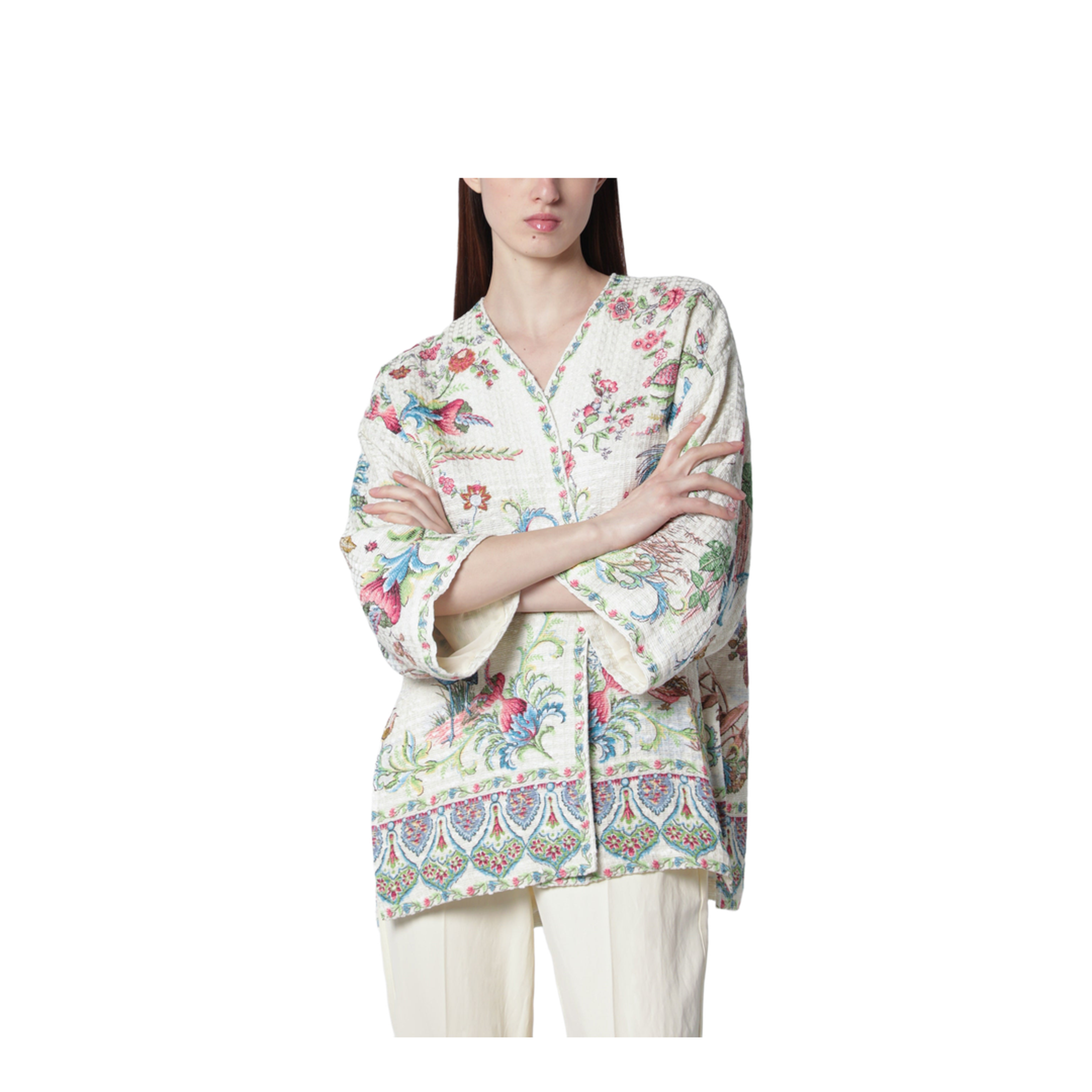 Cotton-Blend Basketweave Kesa with Flora and Fauna Motif - Image 1