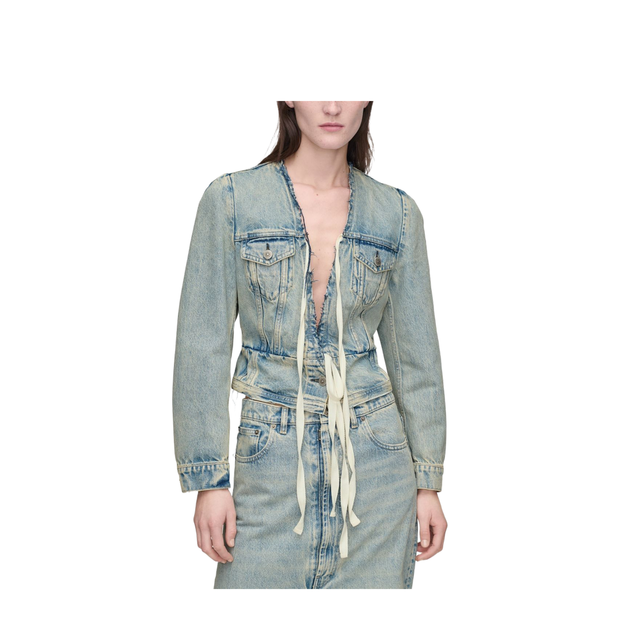 Light Blue Cotton Denim Jacket With V-Neck - Image 4