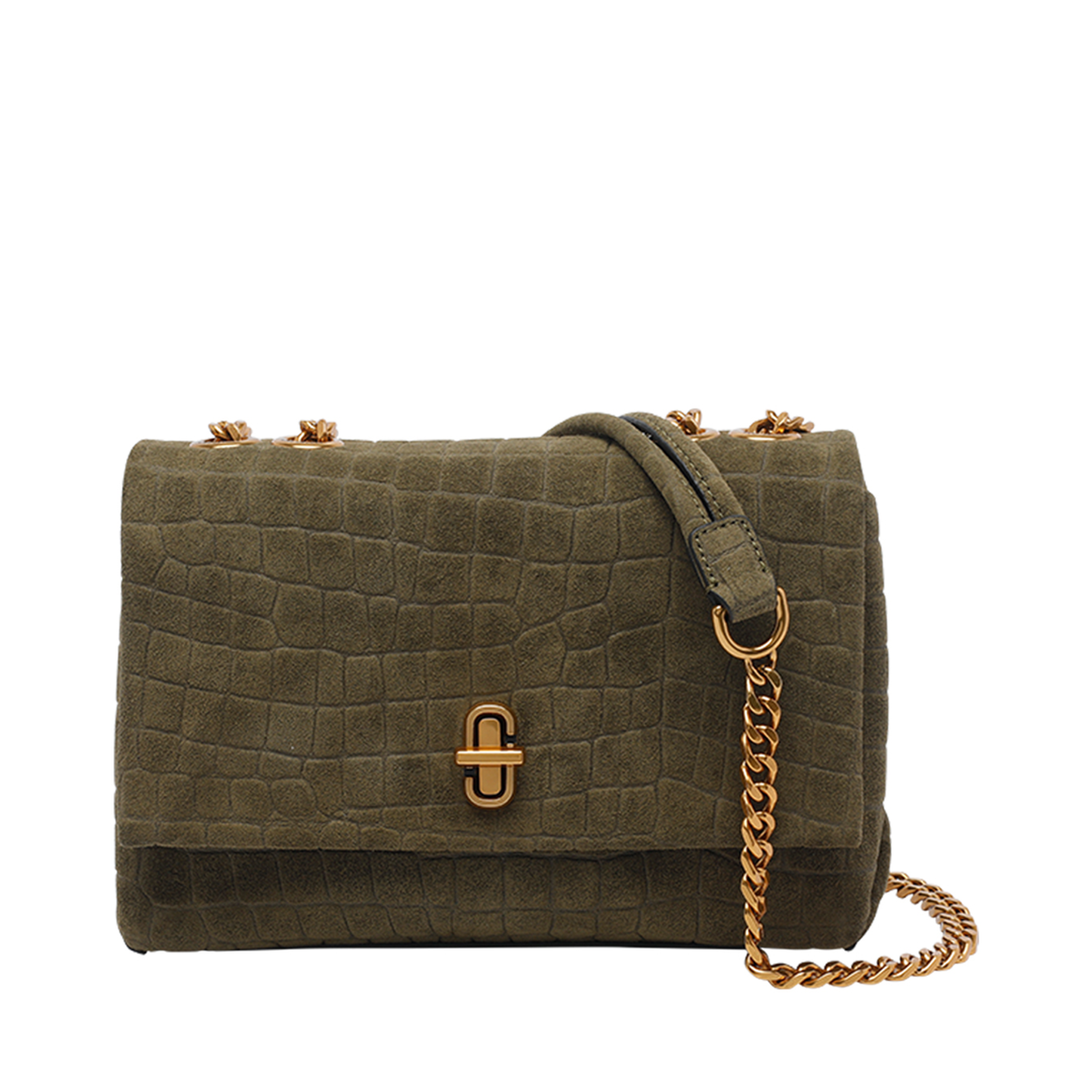 Slim Croc Suede Dual Chain Shoulder Bag - Olive Green - Image 1