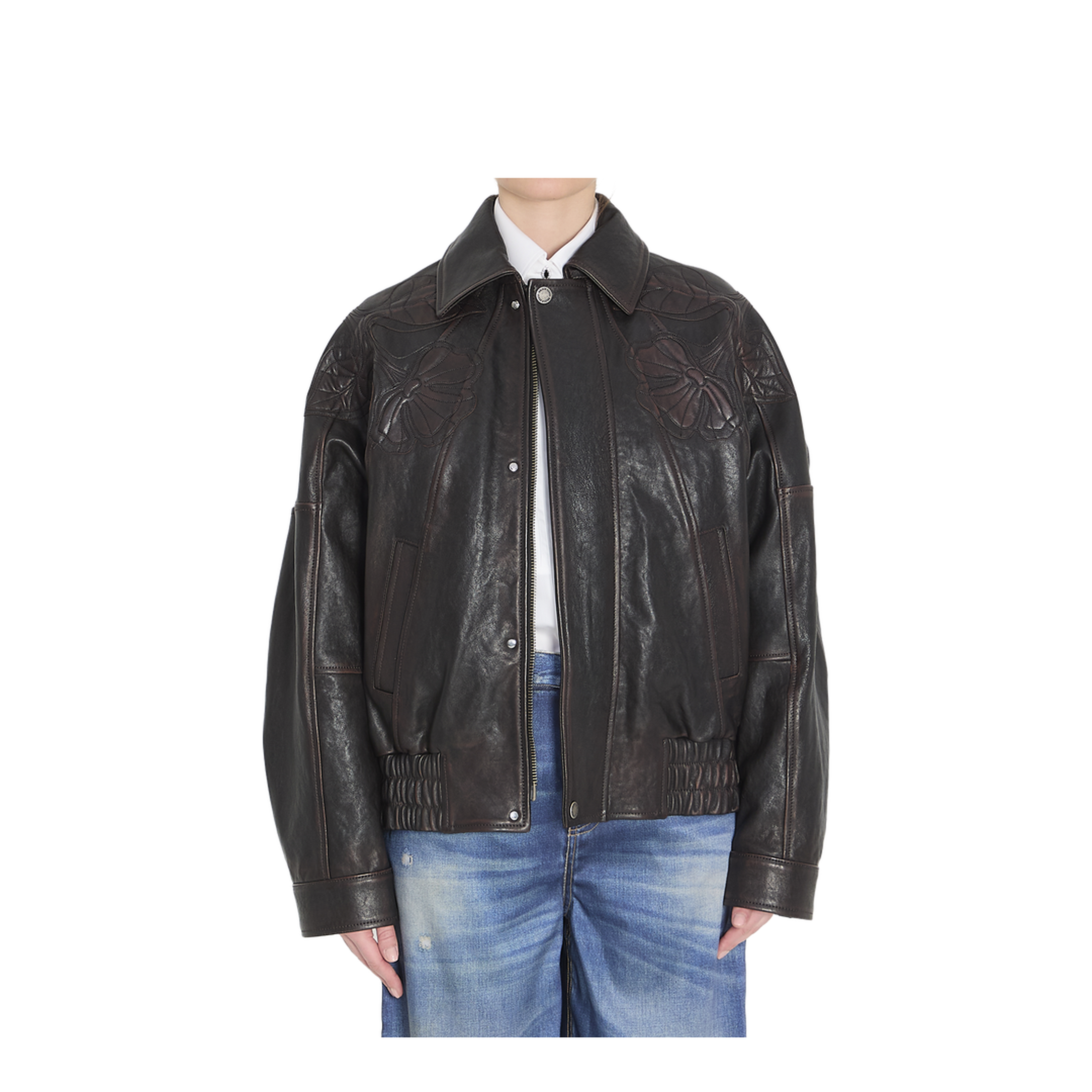 Leather Bomber Jacket with Floral Embroidery - Image 1