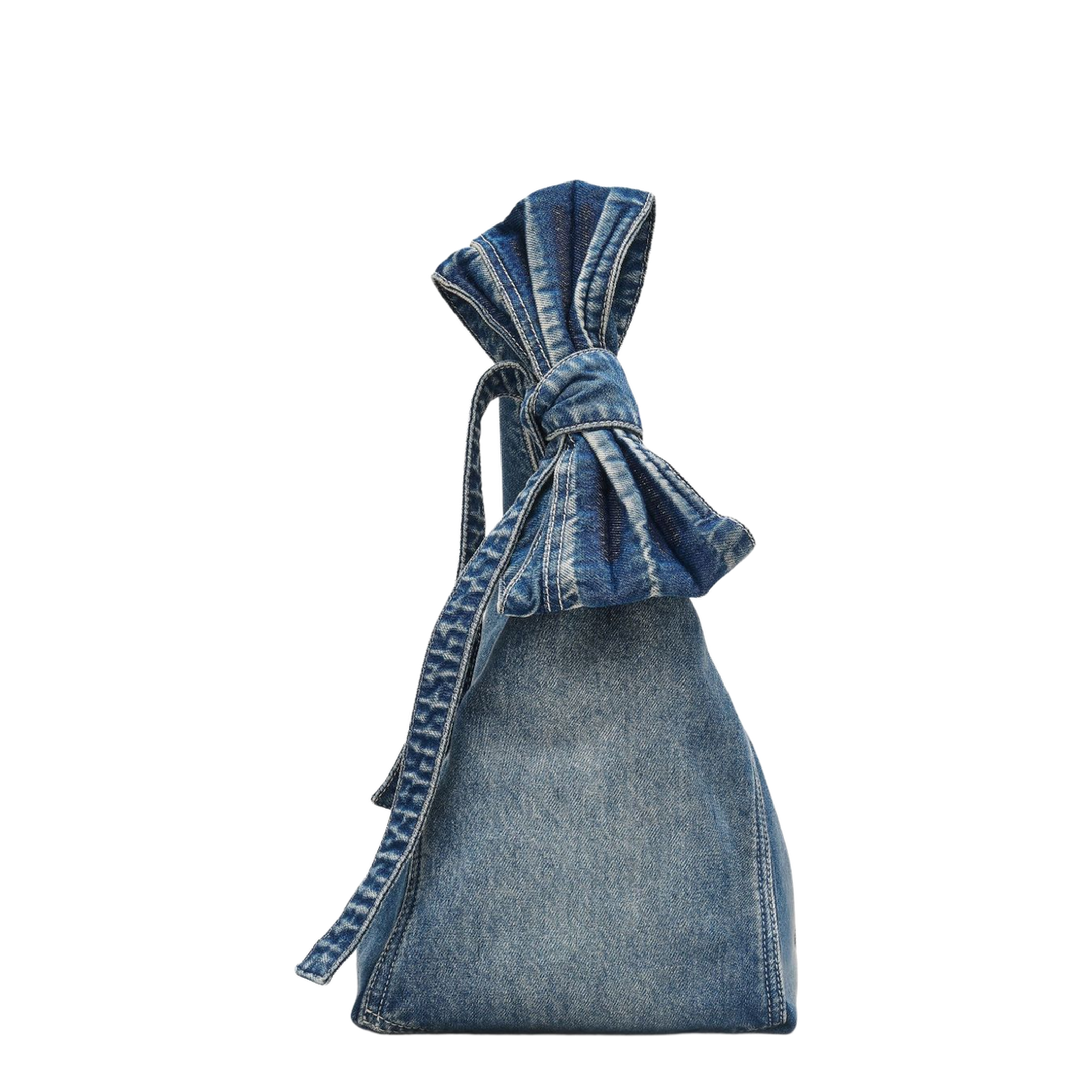 The Bow Medium Denim Sack Bag - Medium Wash Indigo - Image 3