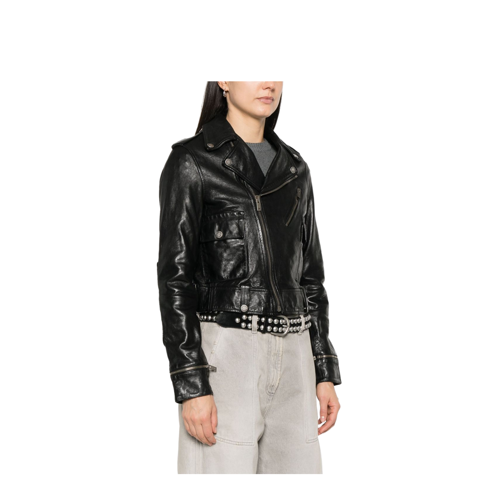 Shiny Black Sheepskin Biker Jacket with Sturdy Zip - Image 3