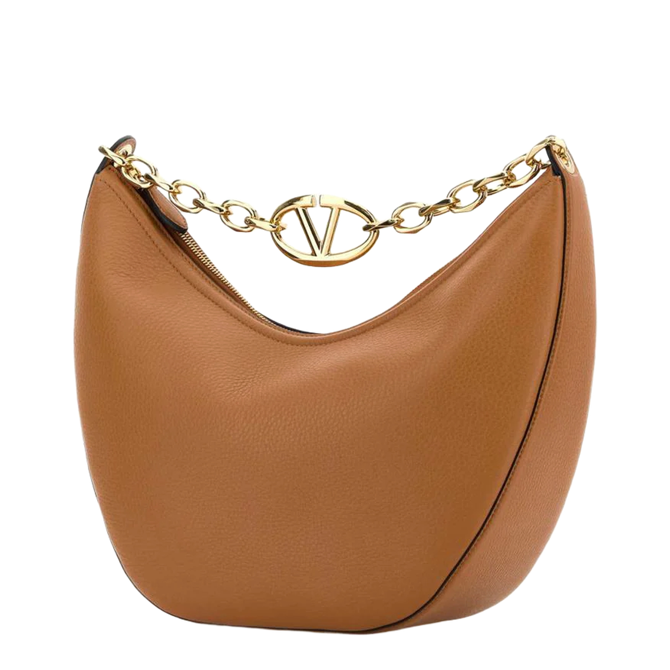 VLogo Moon Medium Grainy Calfskin Hobo Bag - Camel/Tan - Image 2