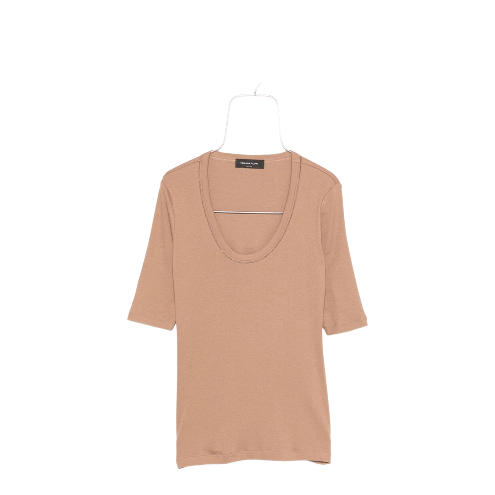 Embellished Cotton-Blend Short Sleeve Top Camel - Image 1