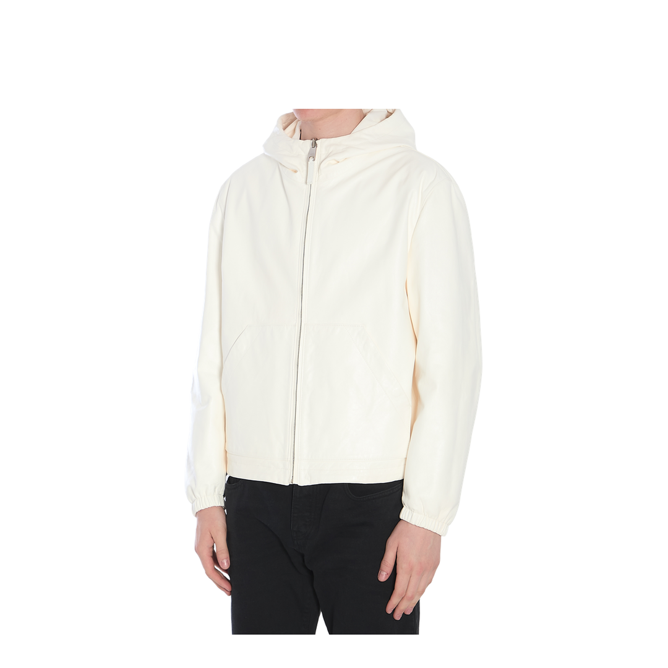 Leather and fabric jacket with reversible hood - Image 2