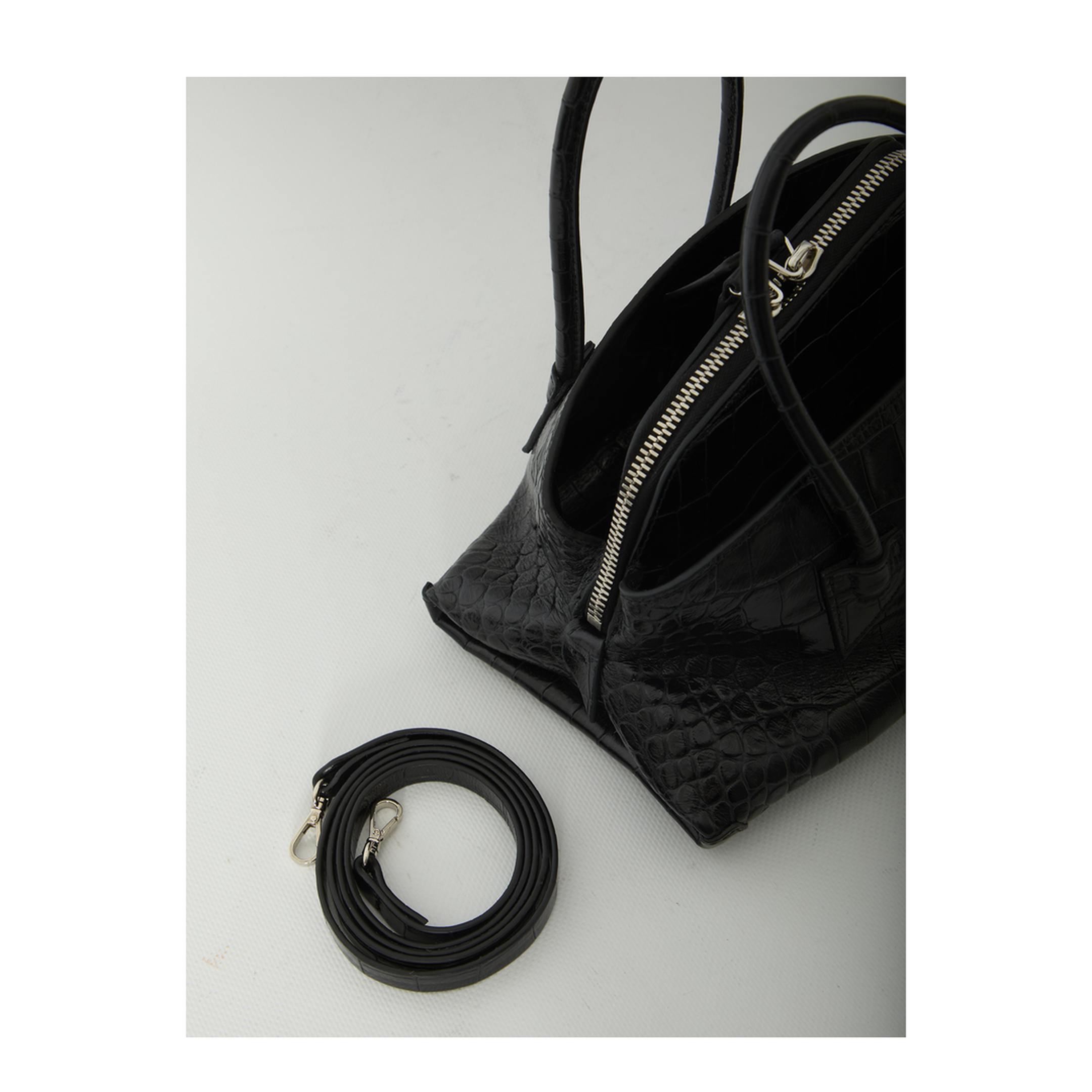 La Passeggiata Mini Croc-Effect Calf Leather Top-Handle Bag - Black - Image 4