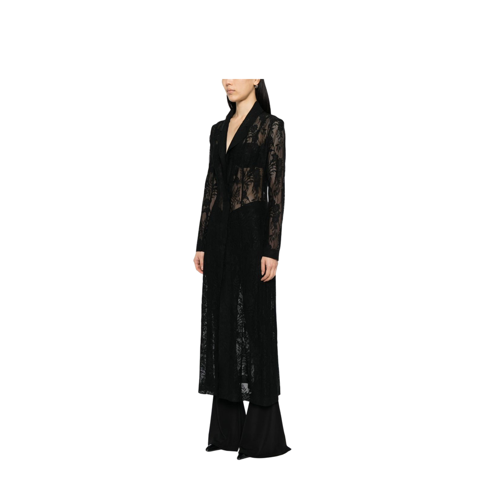Black Open Front Floral-Lace Detailing Long Coat - Image 4