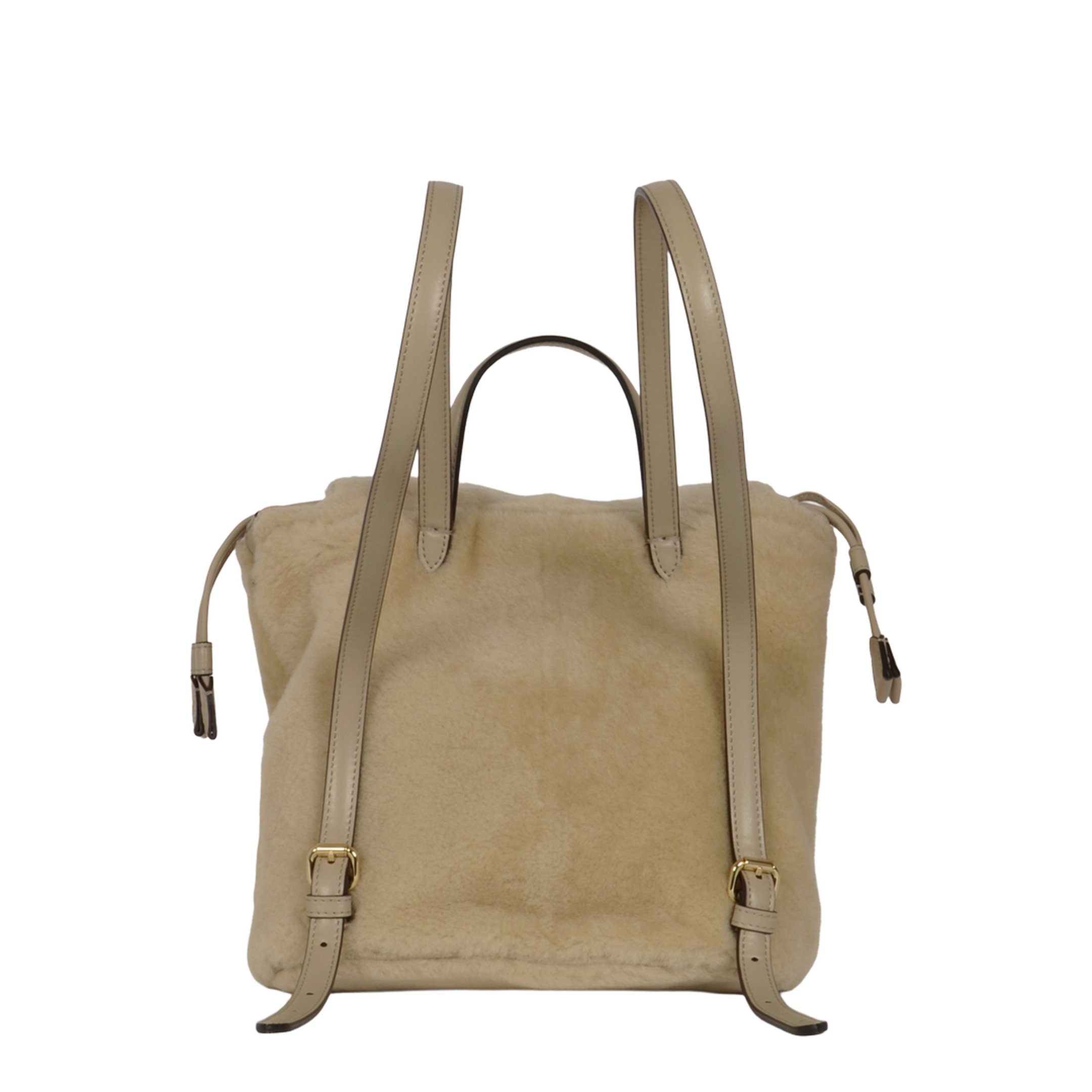 Drawstring Shearling Backpack - Beige - Image 5