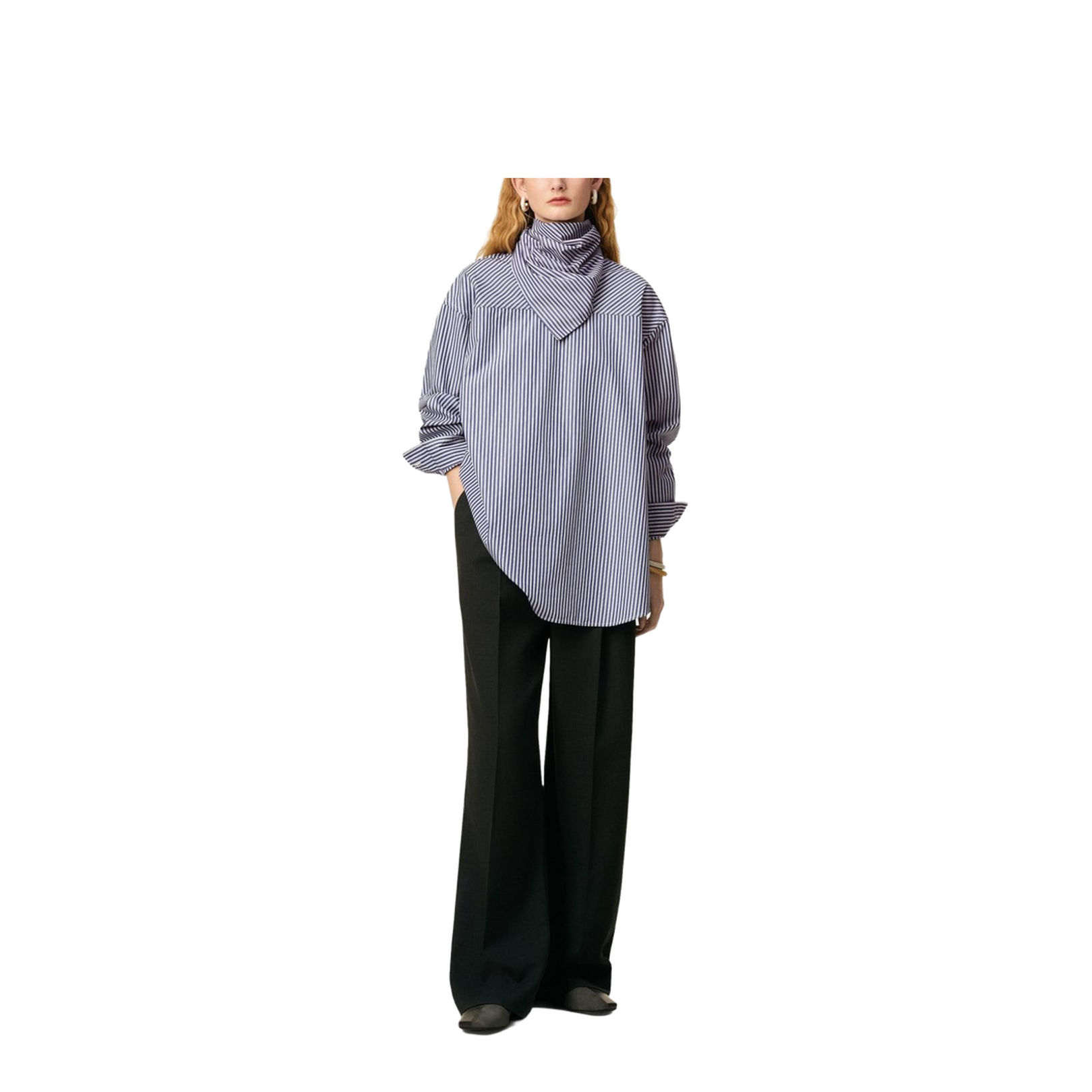 Blue Cotton Long Sleeves Striped Bandana Blouse - Image 7
