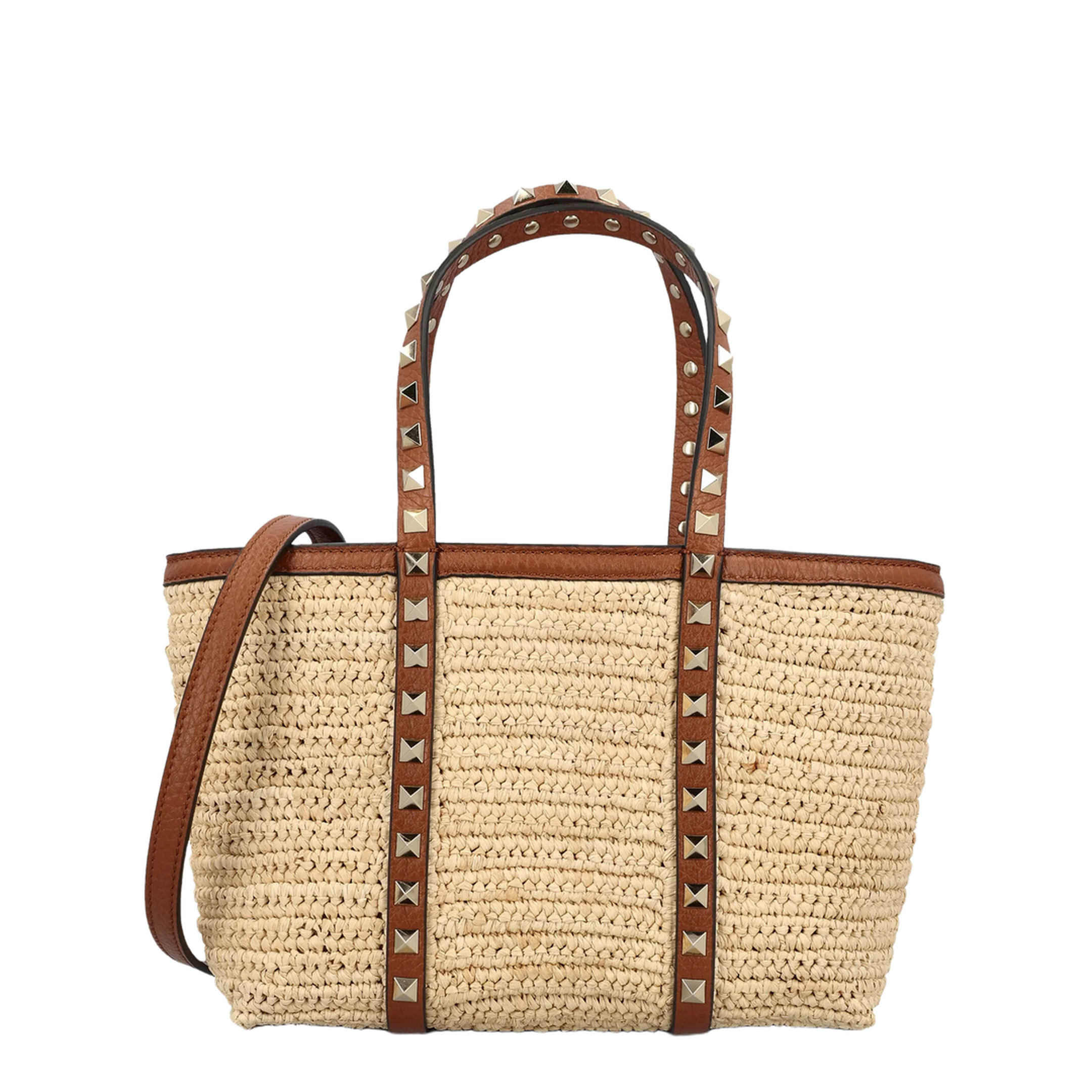 Rockstud Mini Raffia Shopping Bag - Natural/Saddle Brown - Image 1