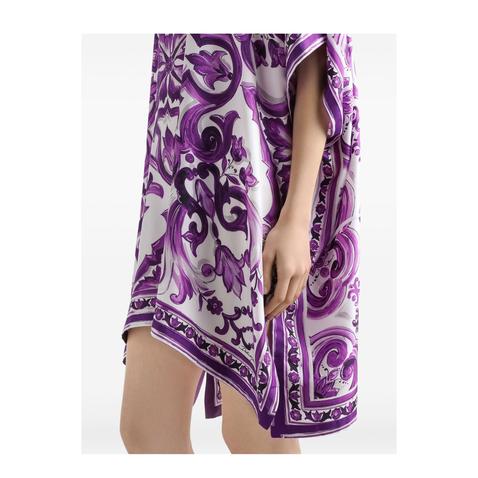 Lavender Purple Round Neck Short Sleeves Flared Hem Thigh-Length Dress - Image 4