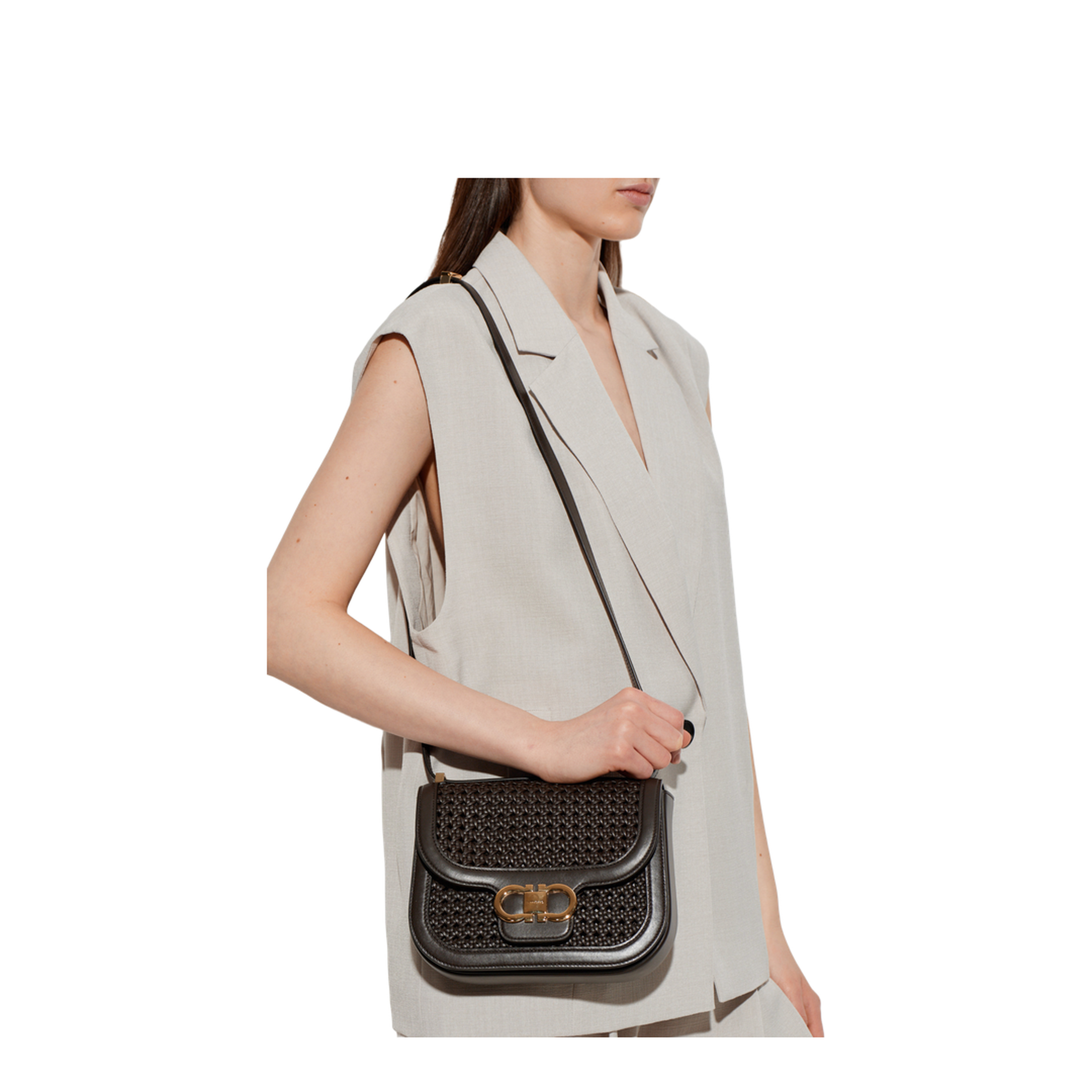 Double Gancini XS Woven Calfskin Crossbody Bag - Testa Di Moro - Image 2
