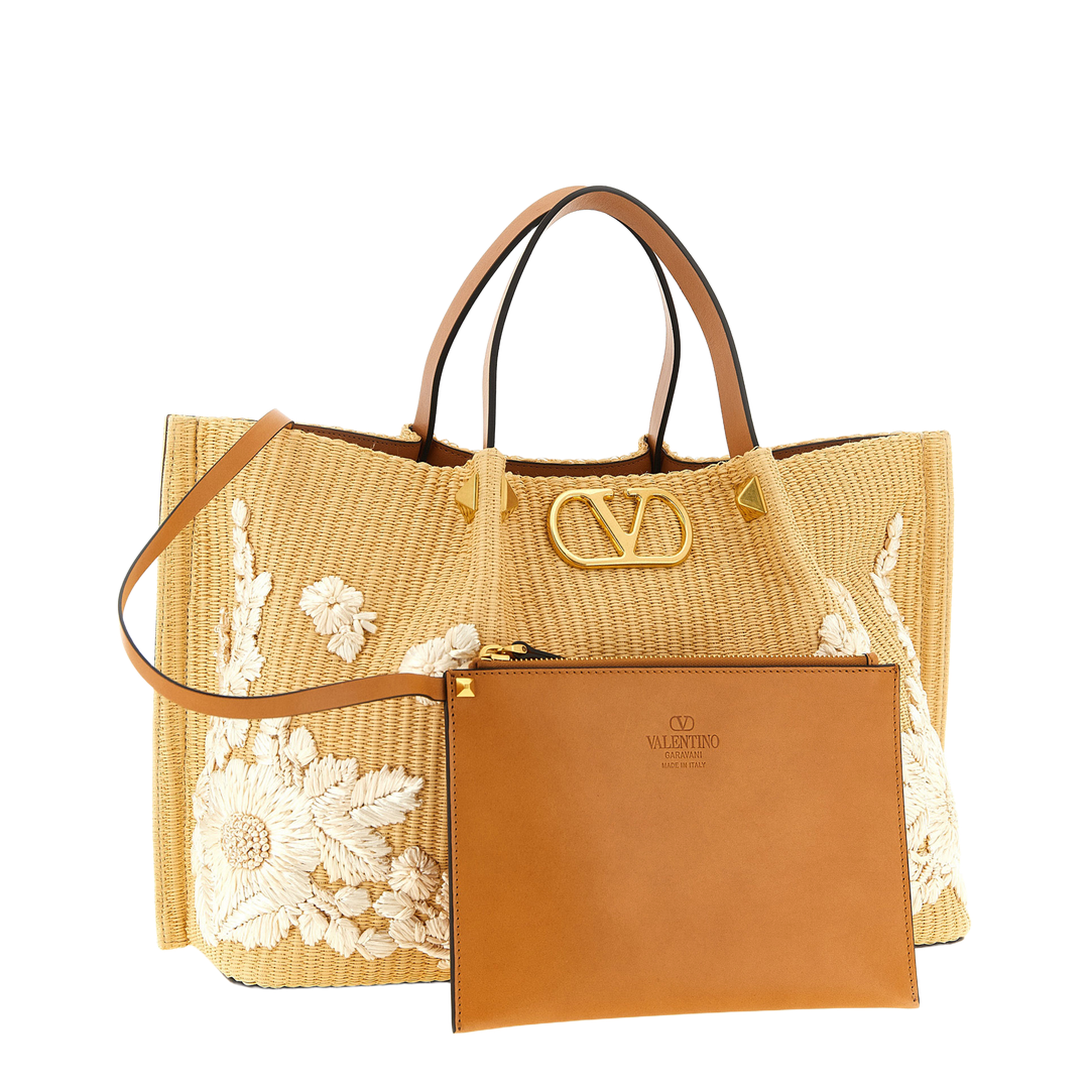 Floral Embroidery Medium Woven Tote Bag - Beige - Image 3