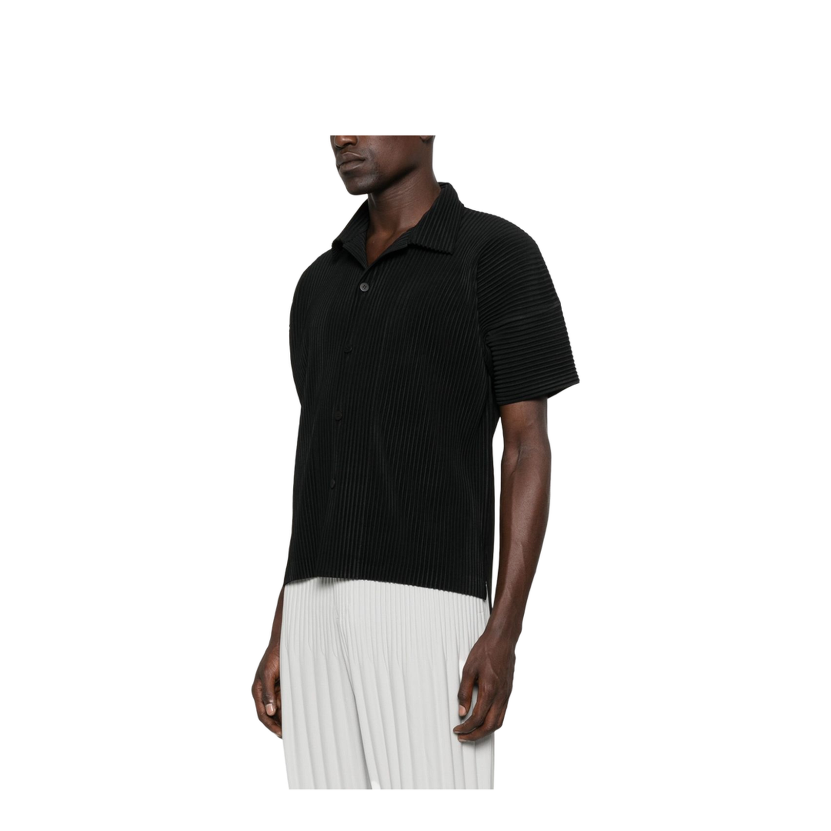 Black Pleated Texture Short Sleeves Button Fastening Straight Hemline - Image 5