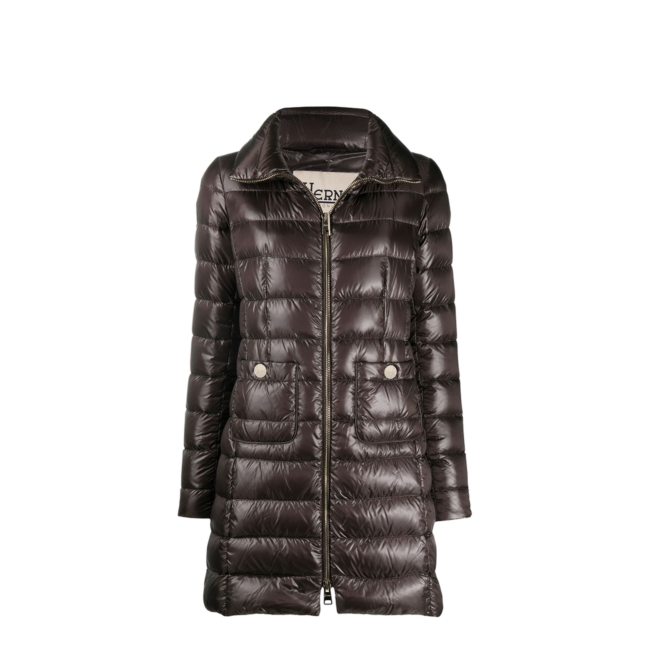 Quilted Goose Down Midi Jacket Brown - Image 1
