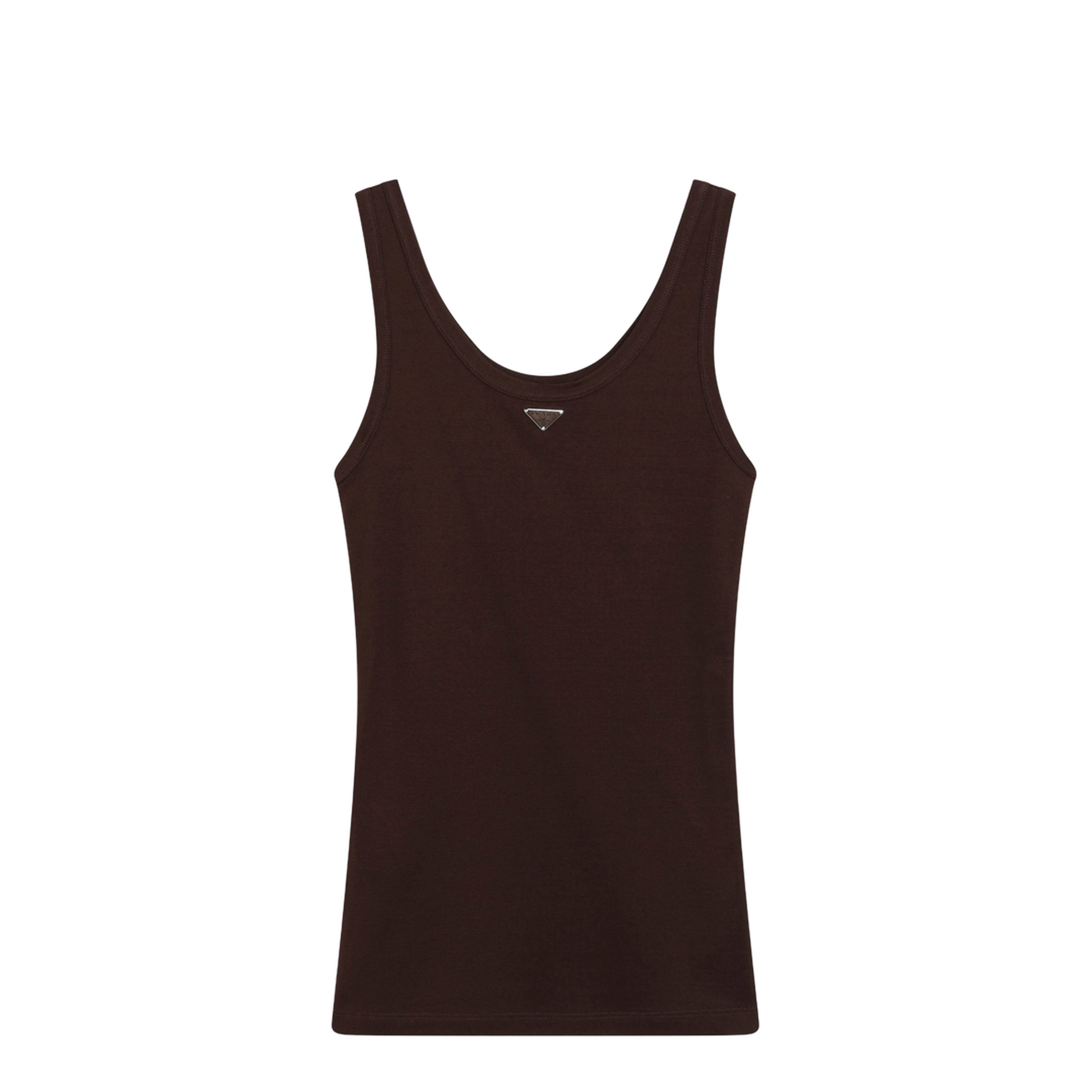 Ribbed Cotton Top with Triangle Logo in Cocoa - Image 1