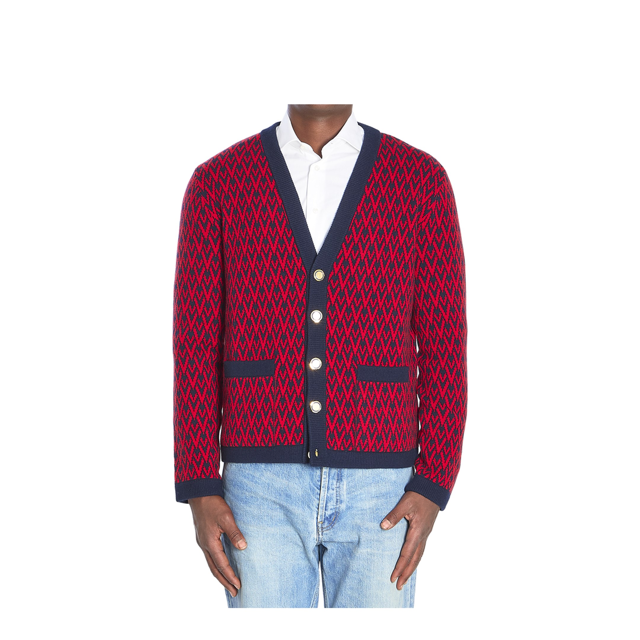 Navy and Red Wool V-Pattern Cardigan - Image 1
