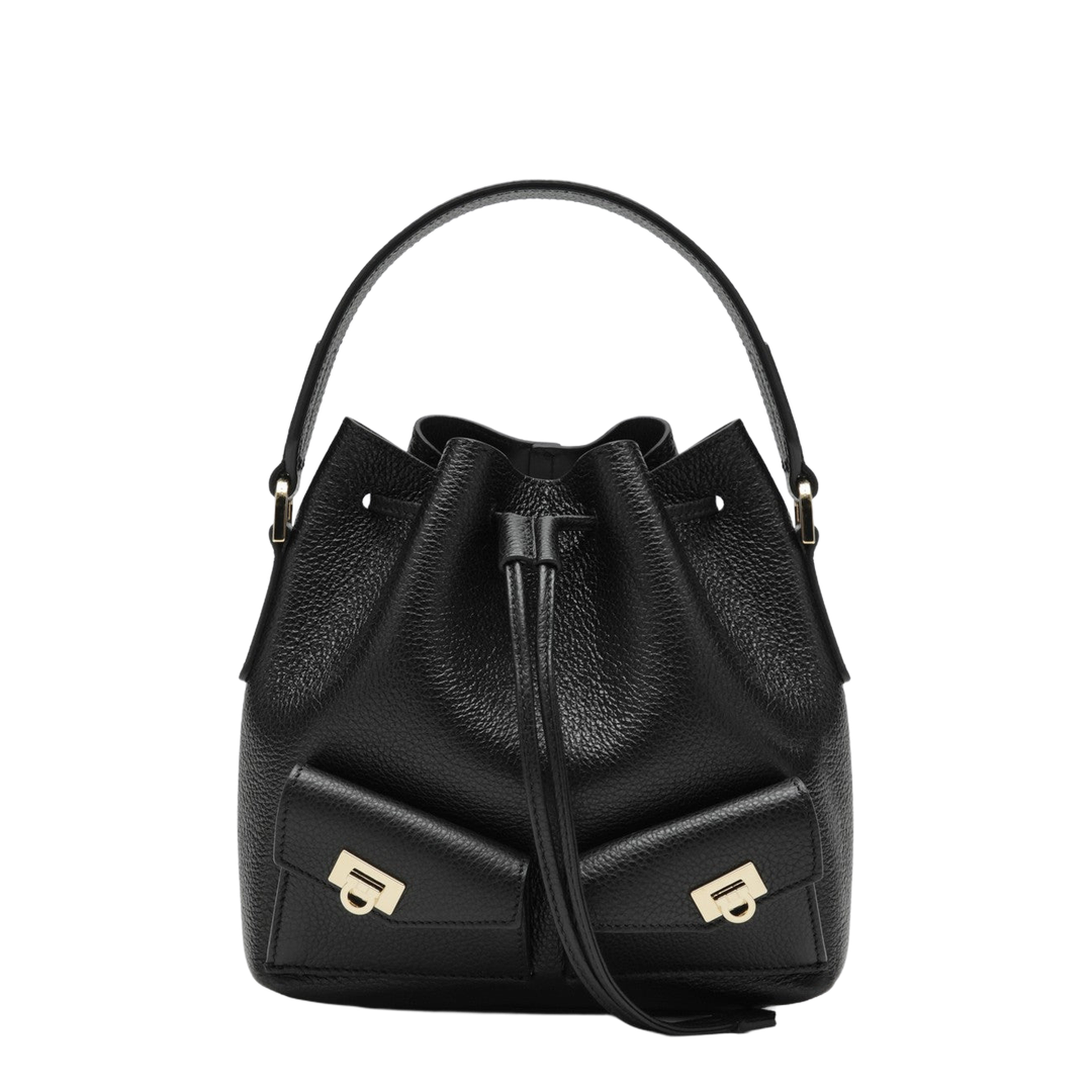 Black Multipocket Bucket Bag in Hammered Leather - Image 1
